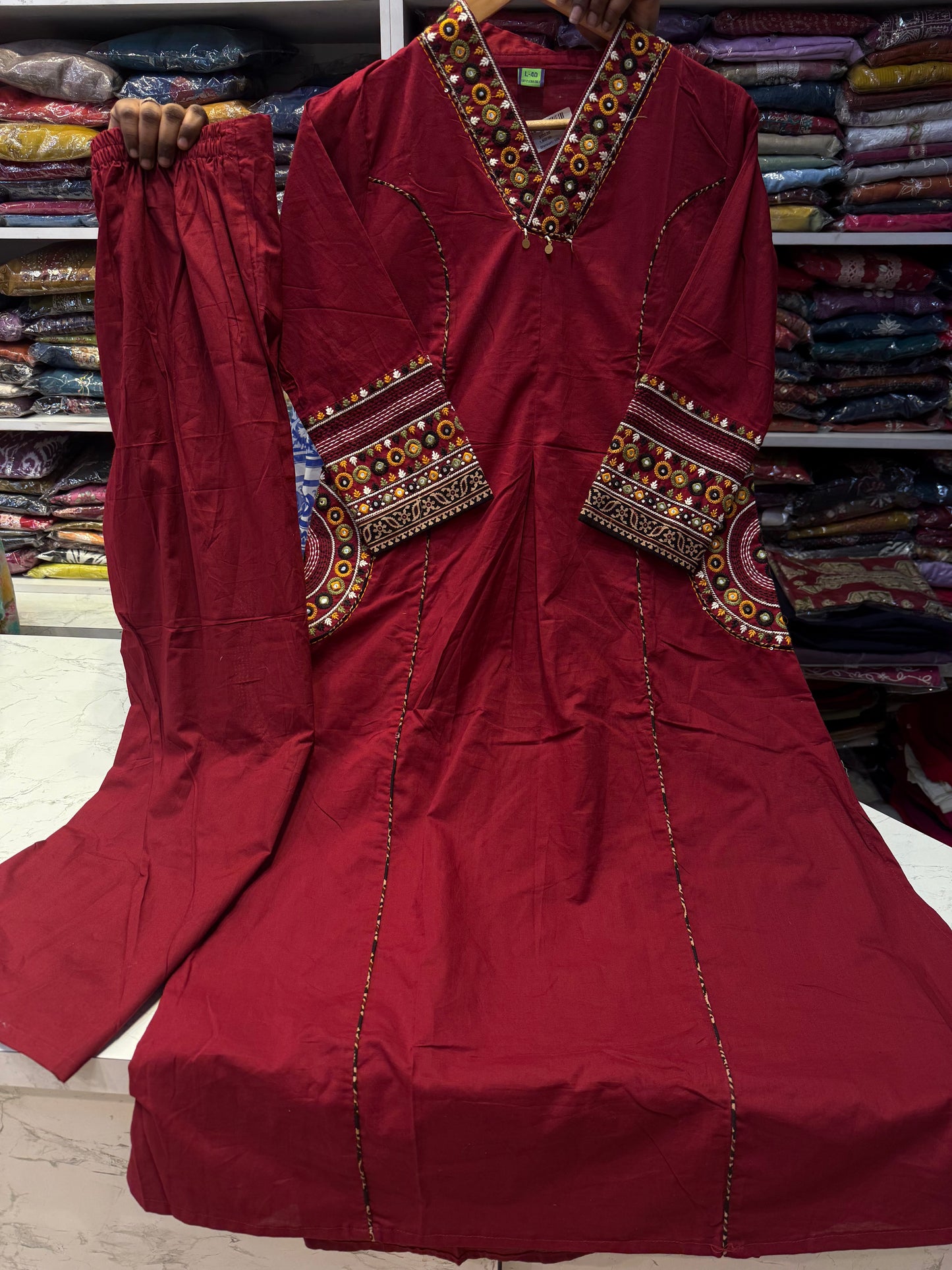 Two sides Pockets Marron Embroidered Cotton Kurti With Pant-HSC76