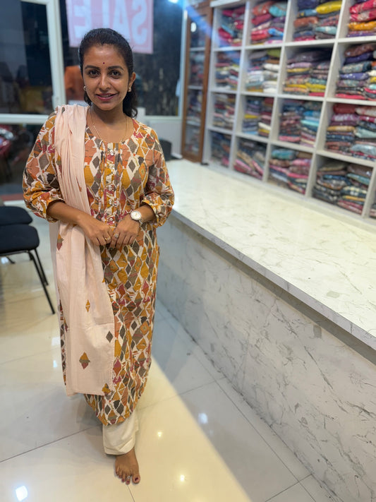 Cream Geometric Printed Cotton Kurti with Pant and Dupatta
