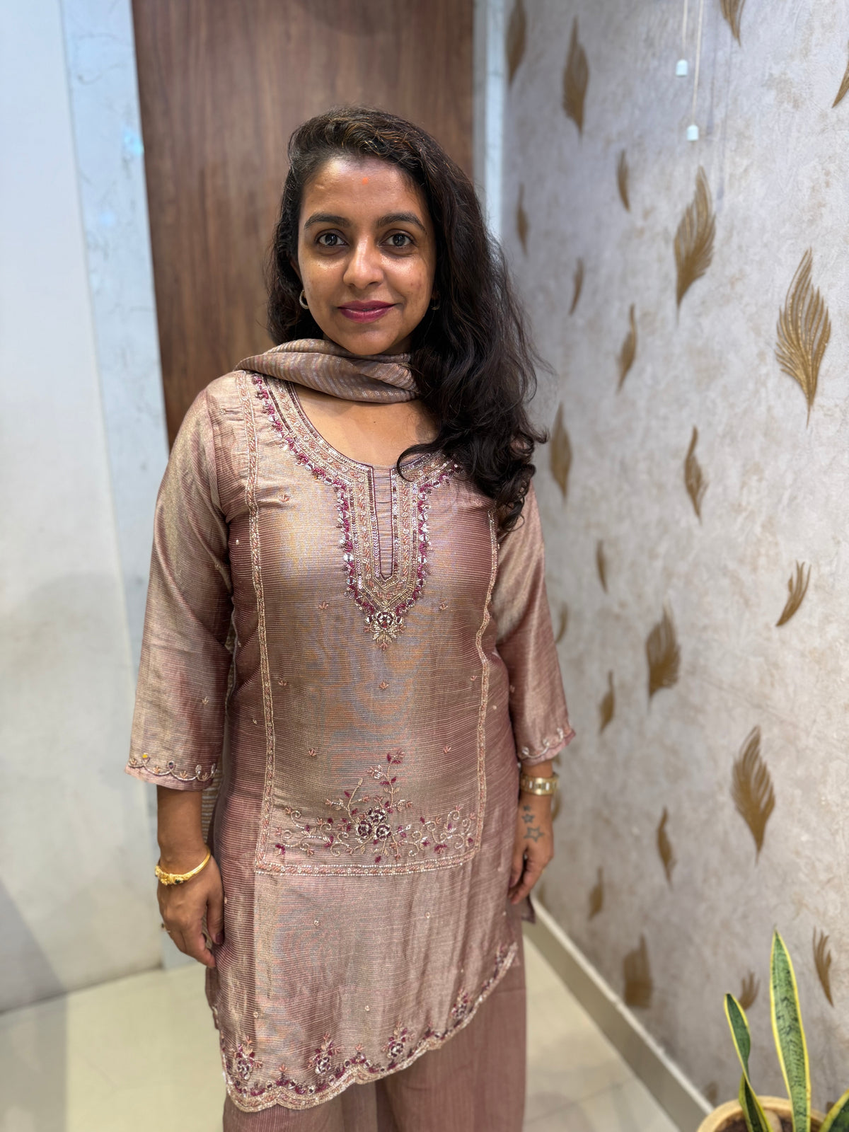Shimmer Tissue Hand Embroidery Kurti With pant and dupatta -HSC1229