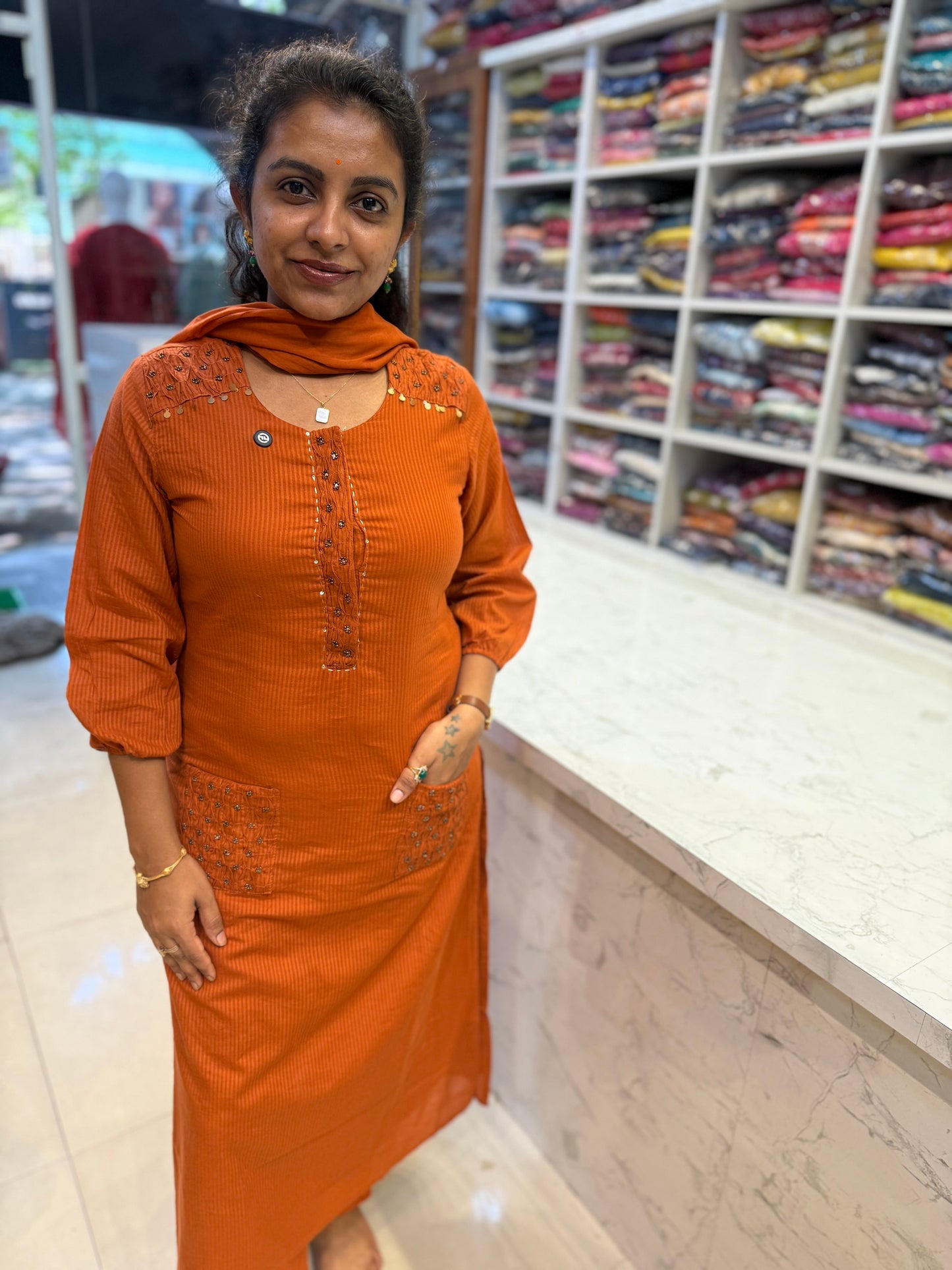 Rust Orange Two Pockets Hand Embroidery Pure Cotton Silly Kurti With Pant and Dupatta-HSC56