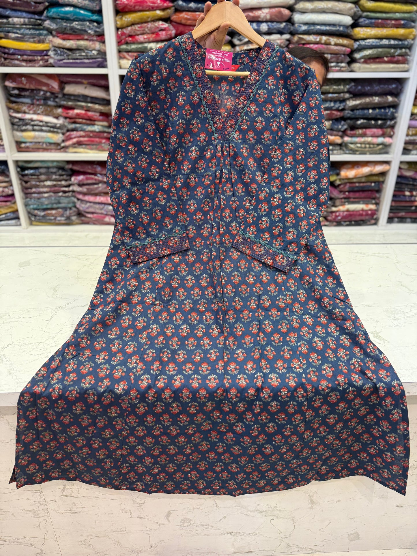 Blue Natural Print Floral Pure Cotton Kurti