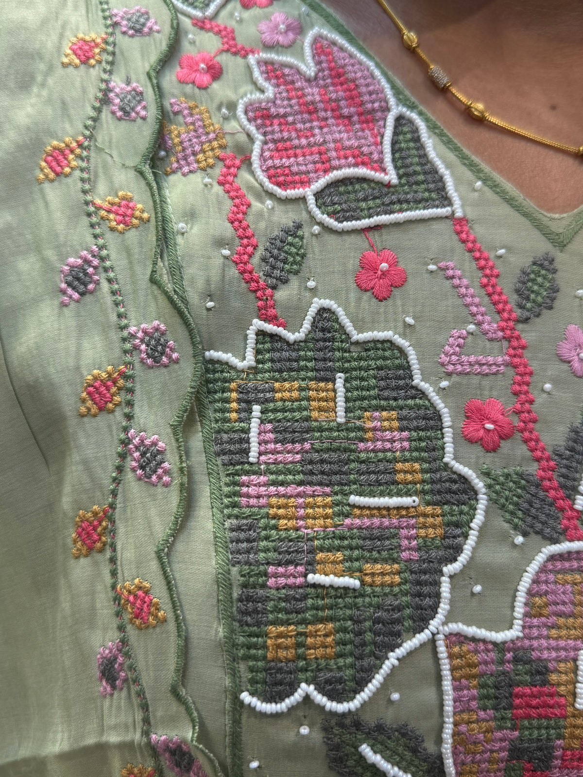 Pista Green Pure Silk Hand Embroidery Kurti With Pant and Dupatta - HSC1181