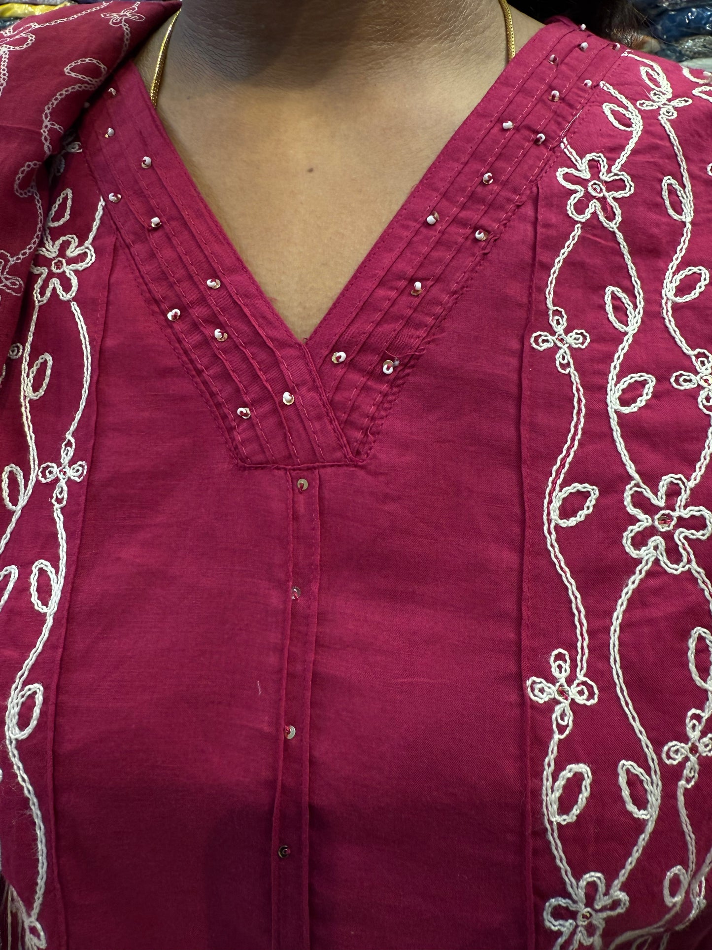 Rani Pink Embroidery Pure Cotton Kurti With Pant and Dupatta-HSC10