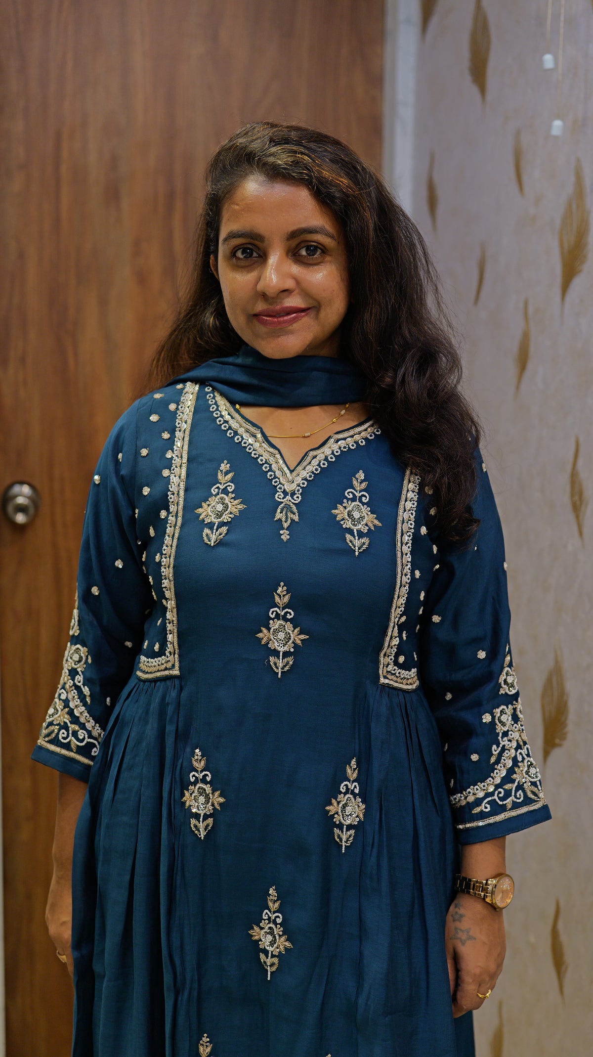 Blue Mul Chanderi Handwork A-line Kurti with Pant and Dupatta -HSC1296
