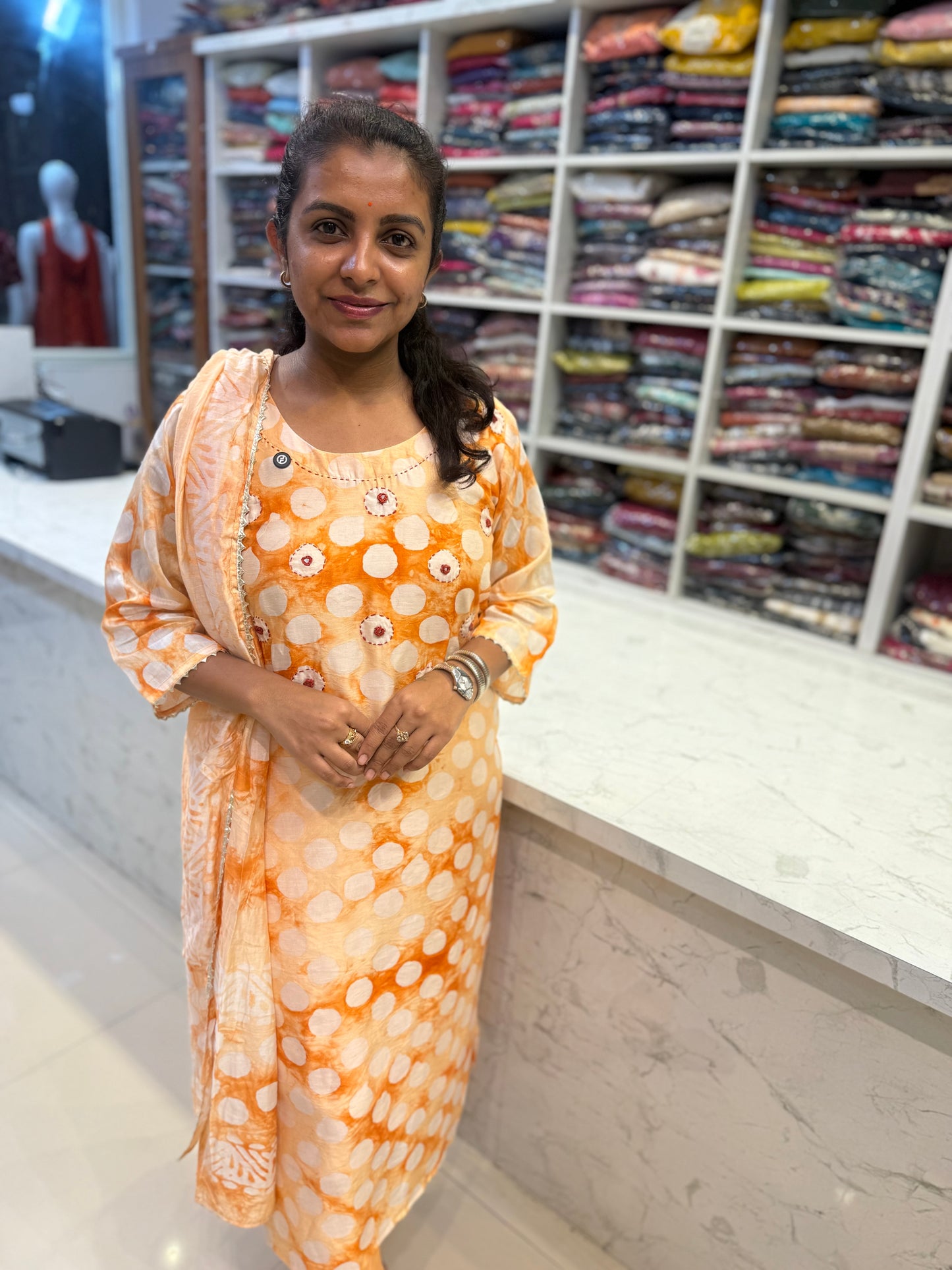 Chanderi Silk with Batik Print with Katha Work Kurti and Pant and Dupatta