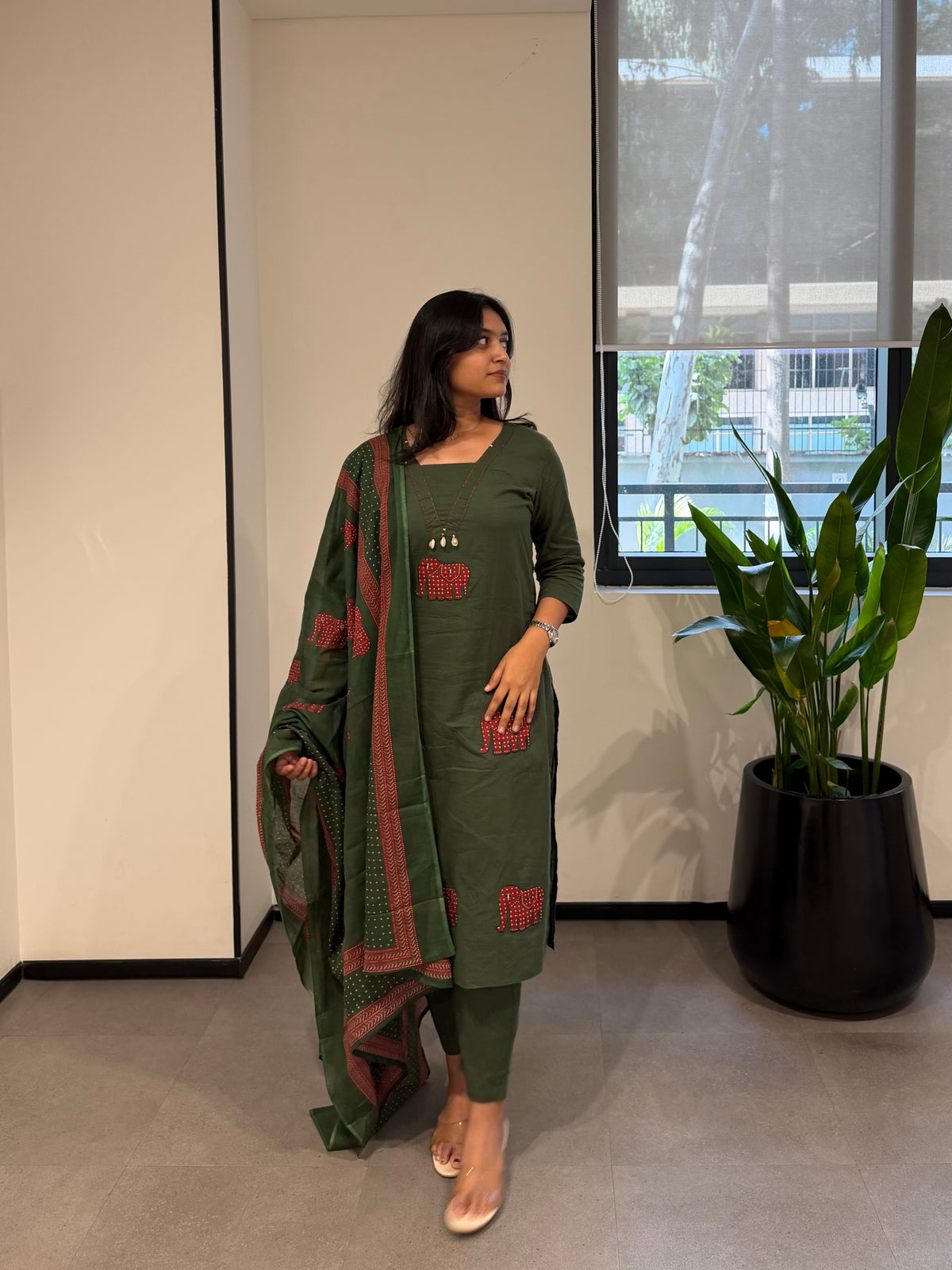 Pure Cotton Elephant Embroidery Kurti With Pant and Dupatta -HSC1230