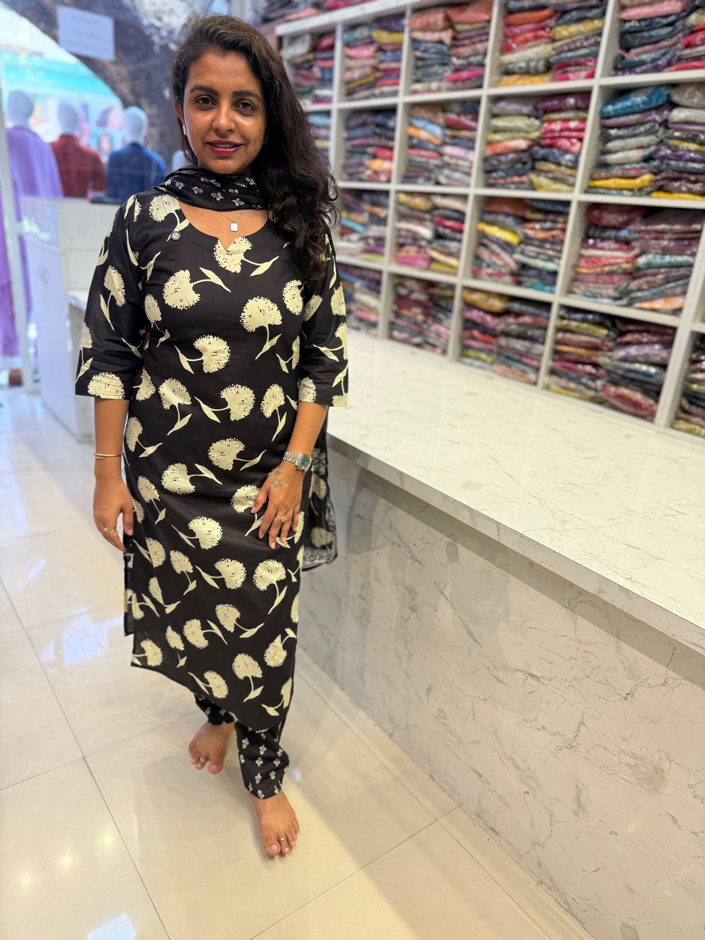 Printed Black Kurti With Pant and Dupatta