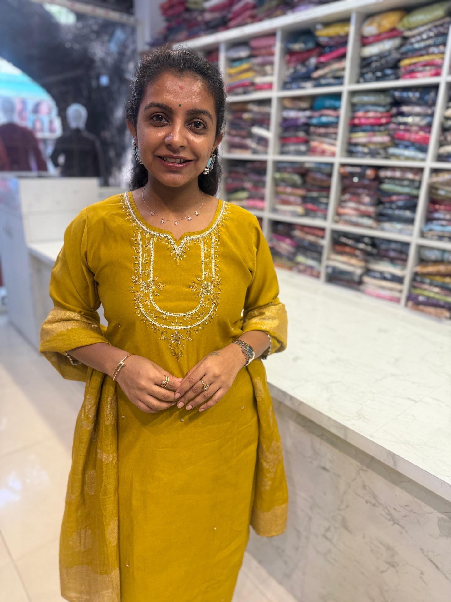 Mustard Roman Silk Party wear Kurti With Pant and Dupatta