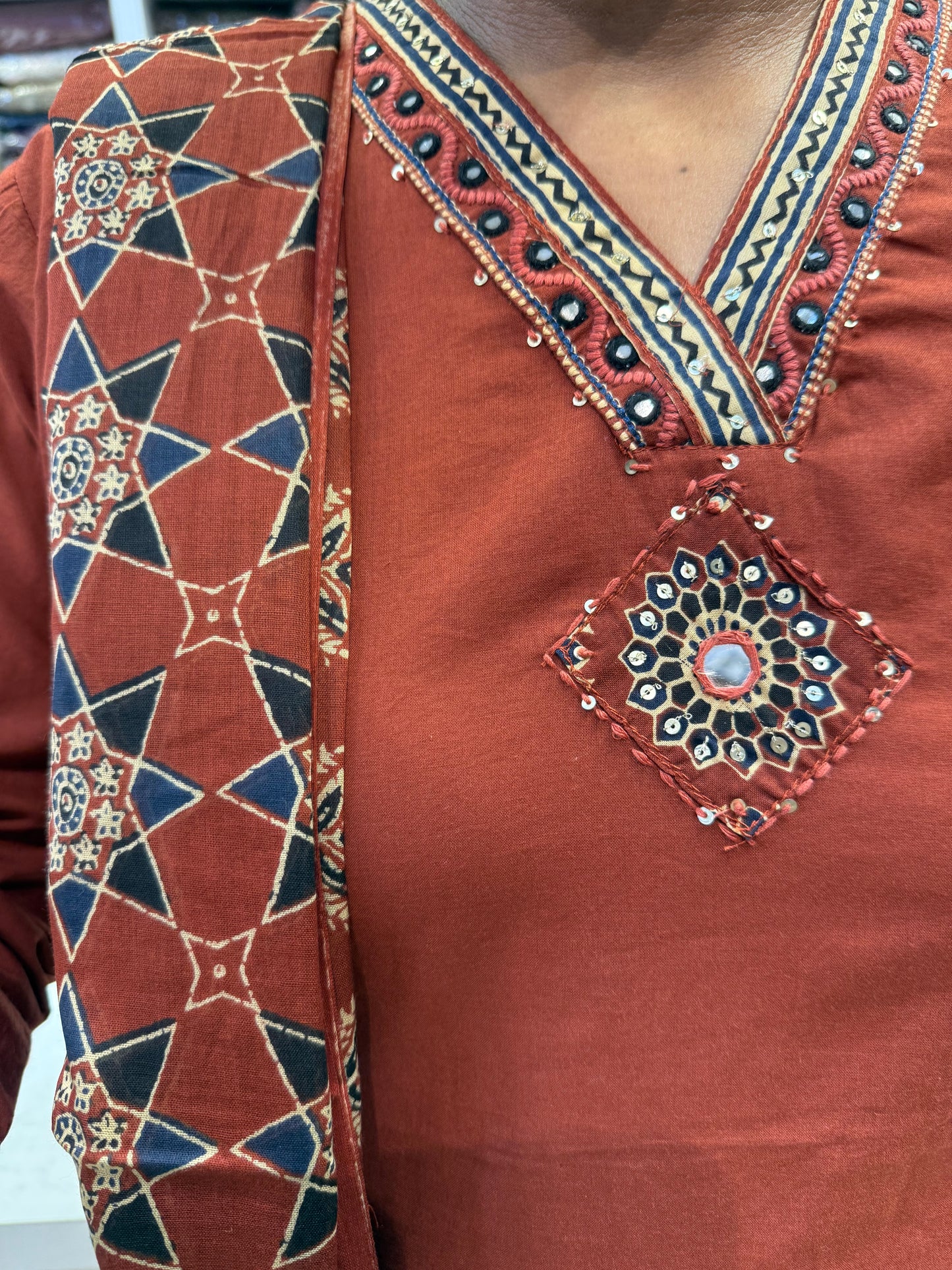 Two sides Pockets Brown Cotton Embroidered Kurti With Pant and Dupatta