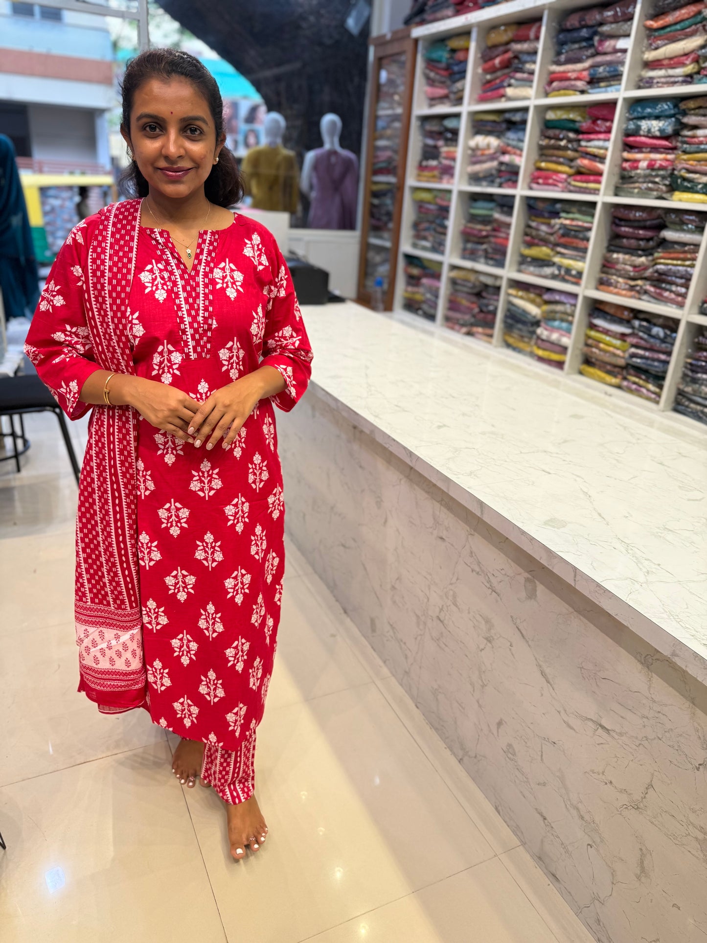 Pink Printed Cotton Kurti With Pant and Dupatta-HSC154
