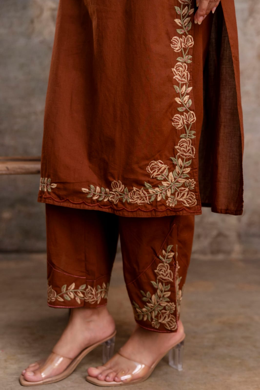 Brown Embroidery Pure Cotton Kurti With Pant and Dupatta - HSC1145