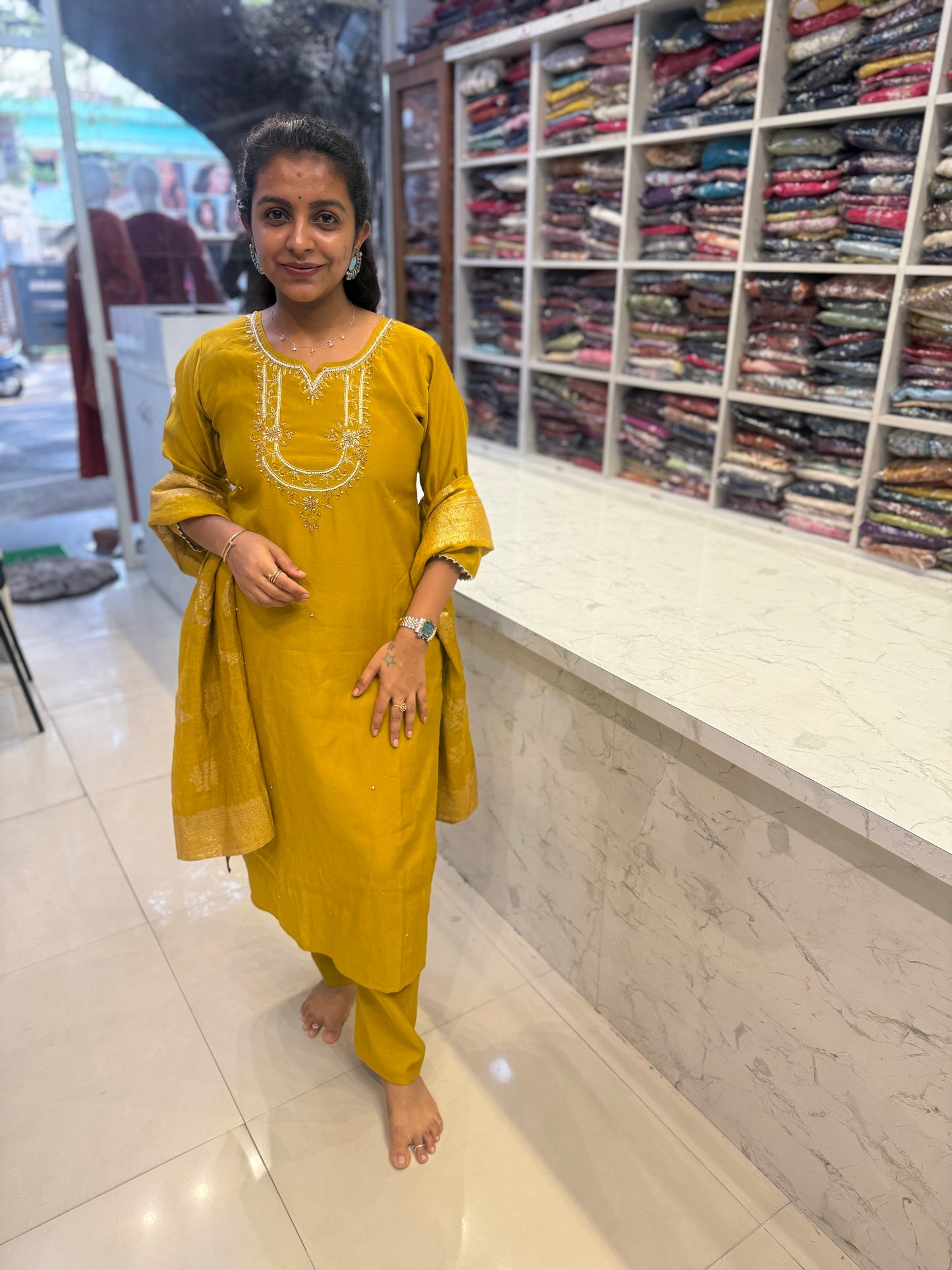 Mustard Roman Silk Party wear Kurti With Pant and Dupatta