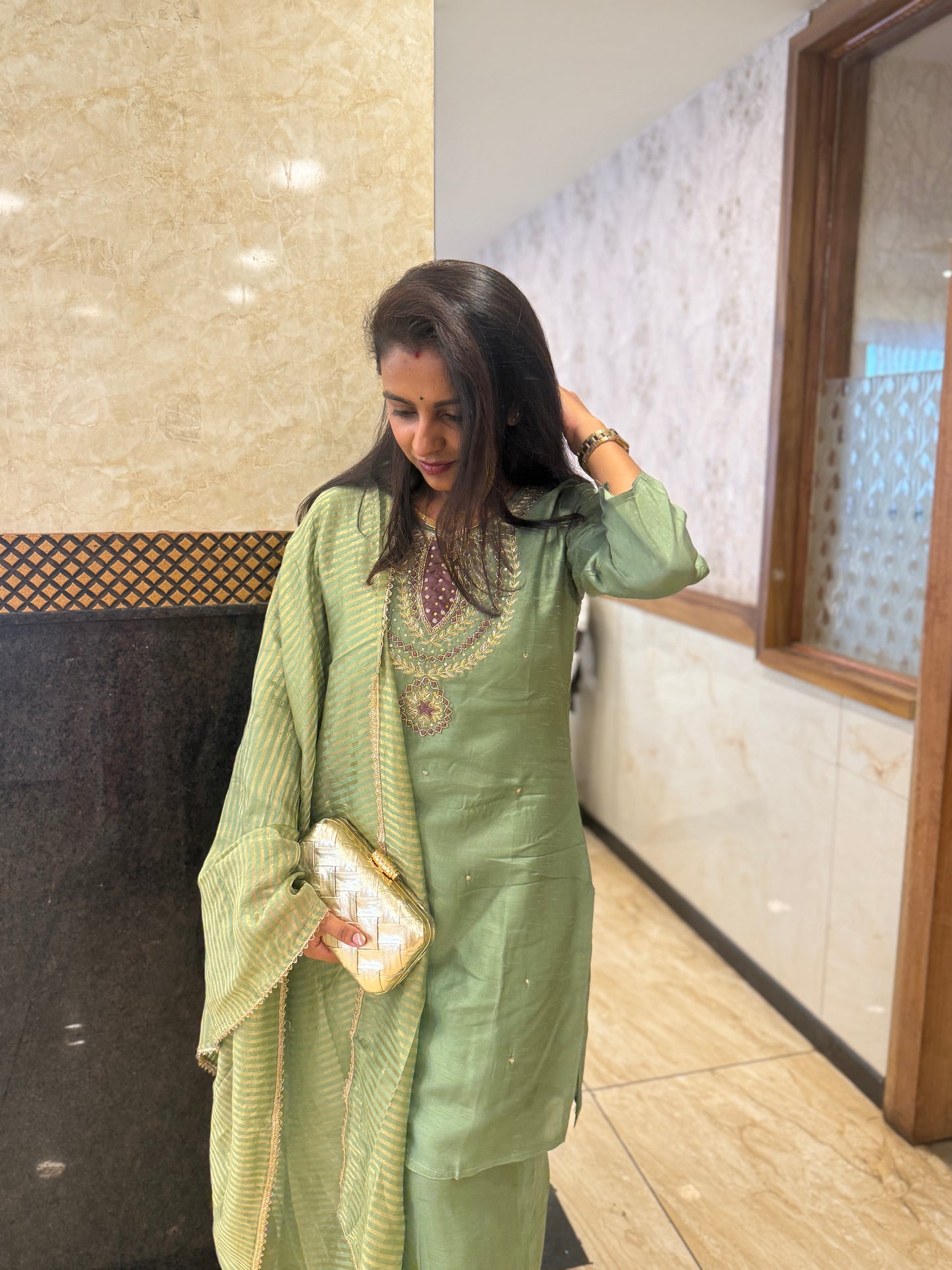 Green Pure Silk Divider Pant with Hand Embroidery Work Kurti with Dupatta-HSC108