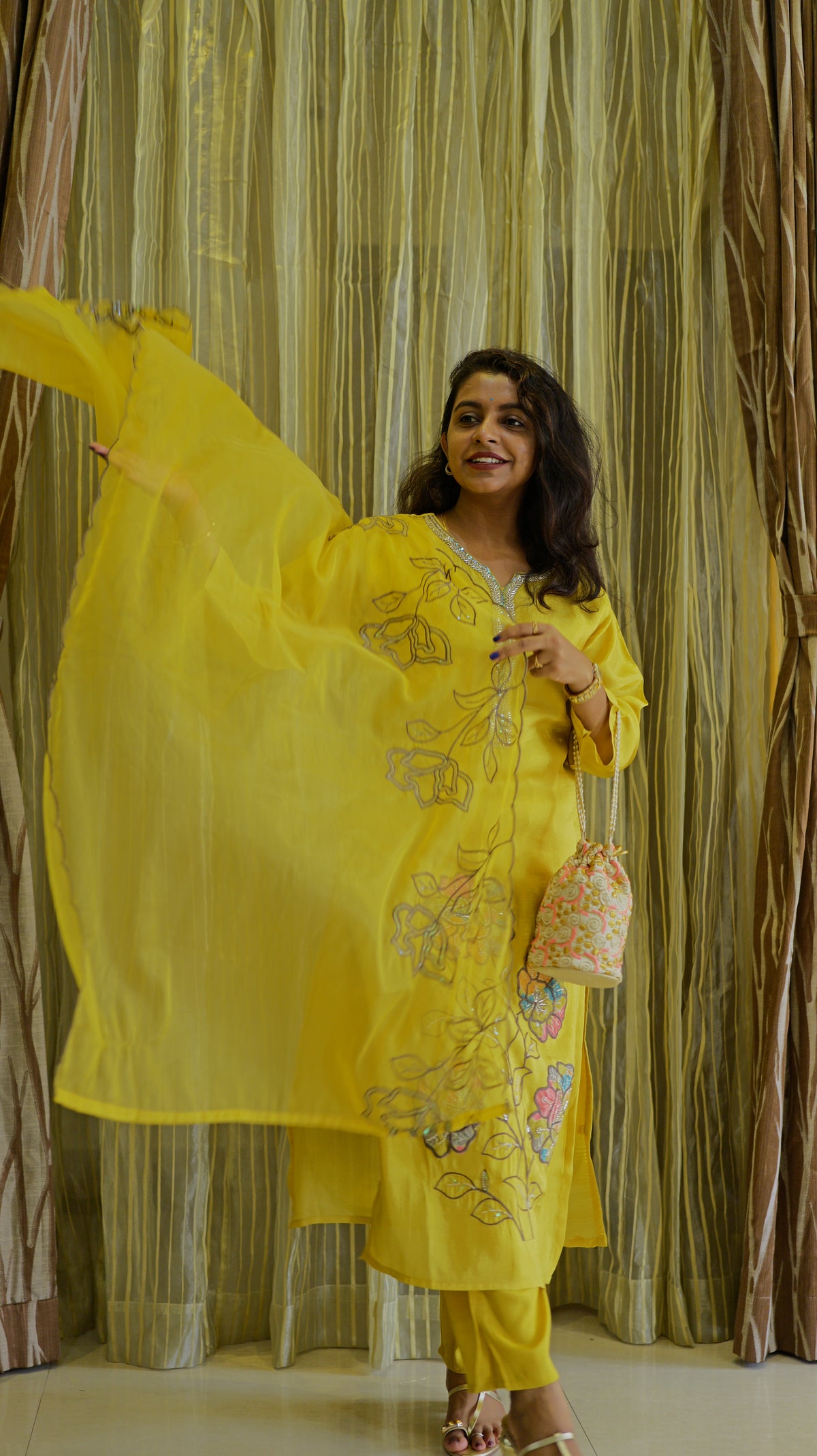 Yellow Pure Tissue Silk Kurti With Pant and Dupatta -HSC1238