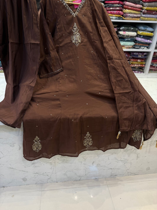Brown Hand Embroidery Kurti With Pant and Dupatta -HSC1270