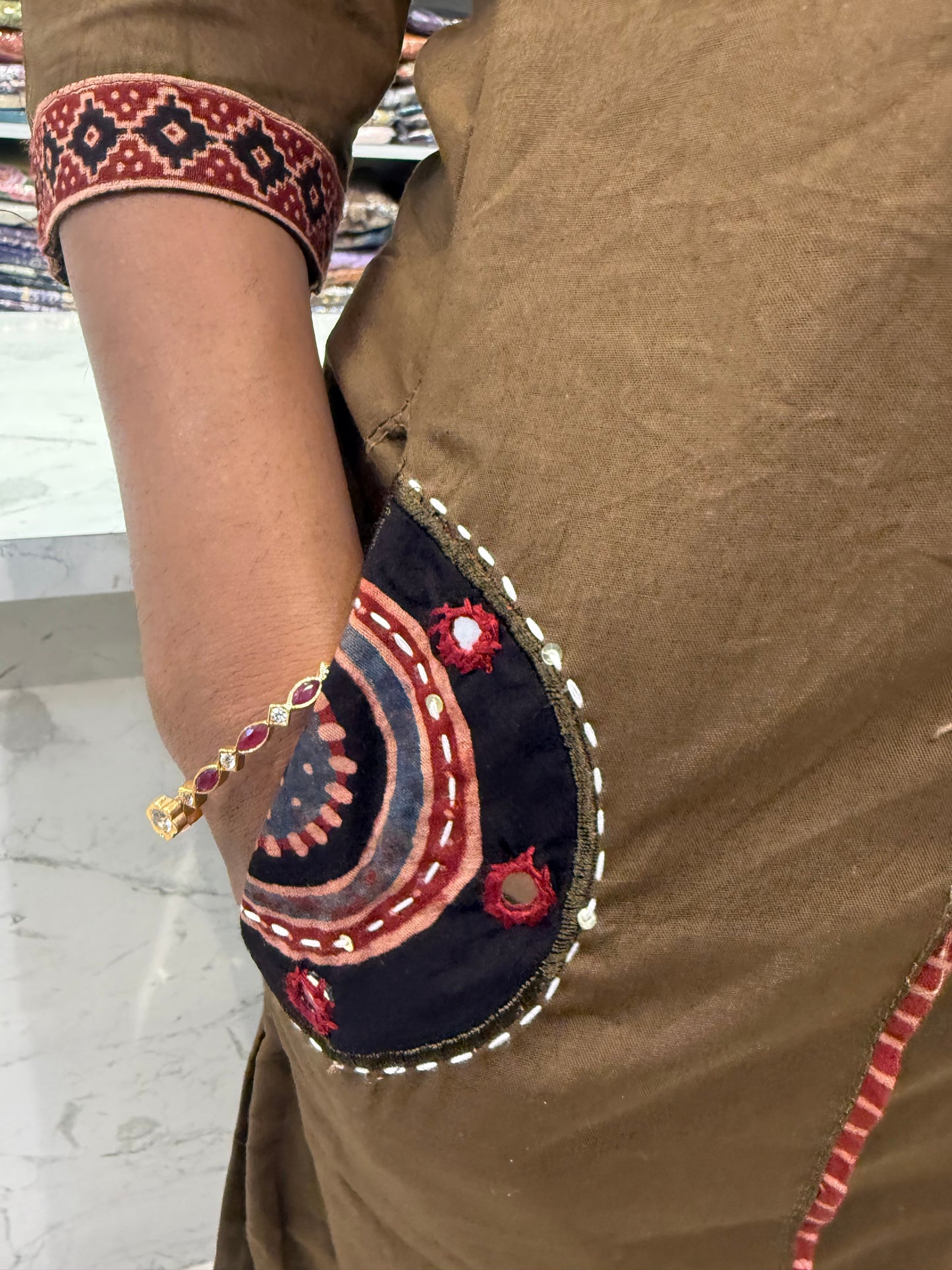 Two sides pockets Brown Applique Cotton Kurti With Pant and Dupatta-HSC126