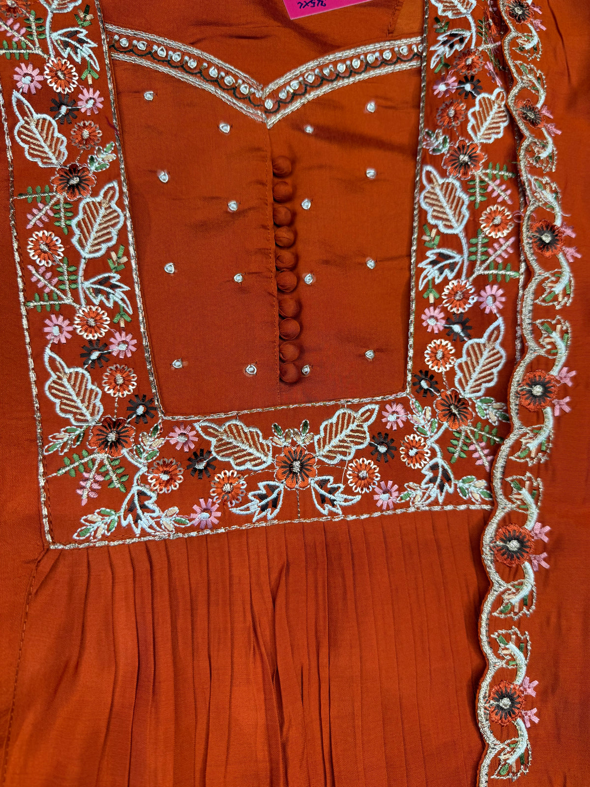 Rust Orange Embroidery Kurti With Pant and Scallop Dupatta -HSC1270