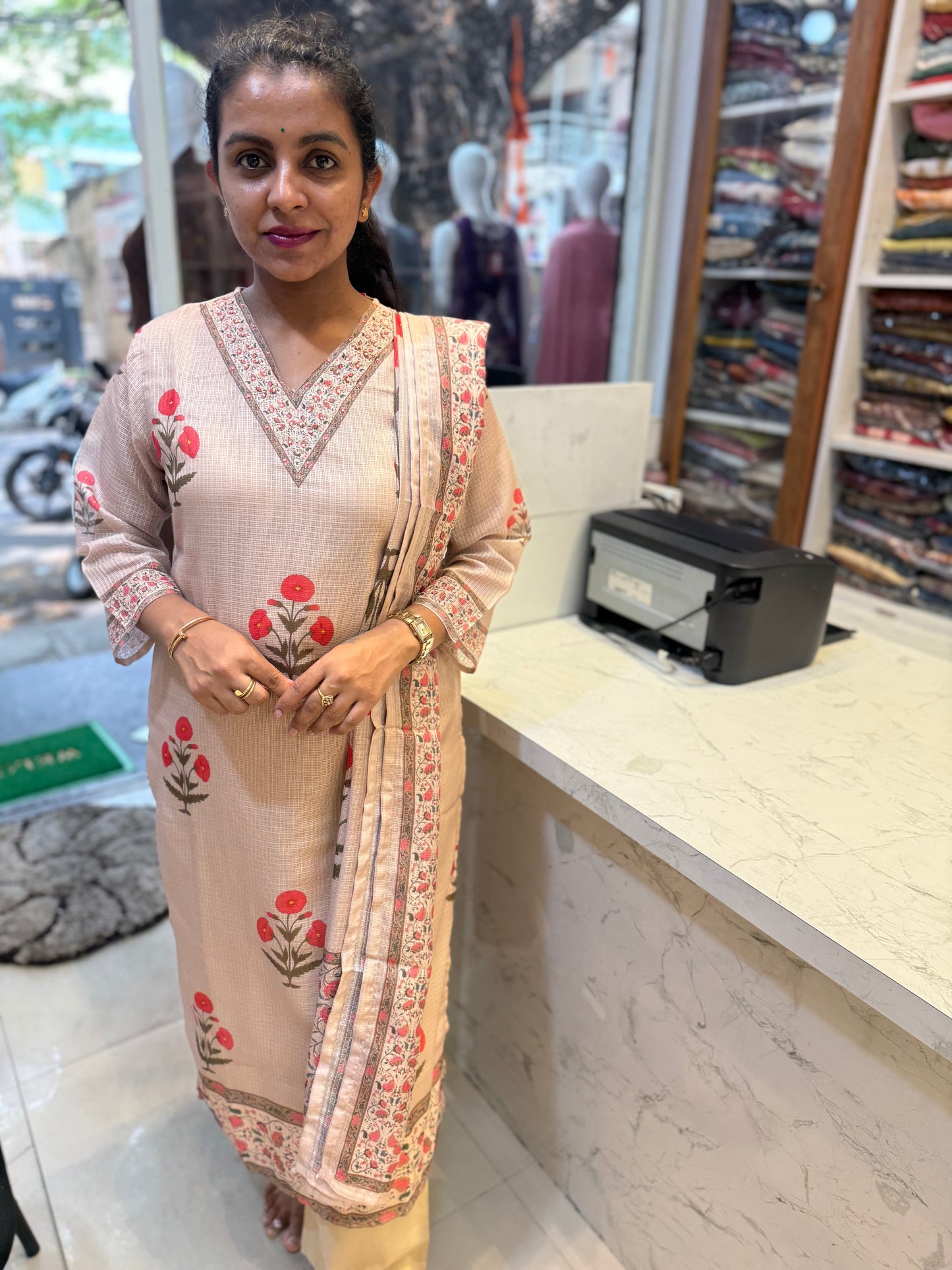 Premium Beige Kota Doria Printed Kurti with Pant and Dupatta-HSC99