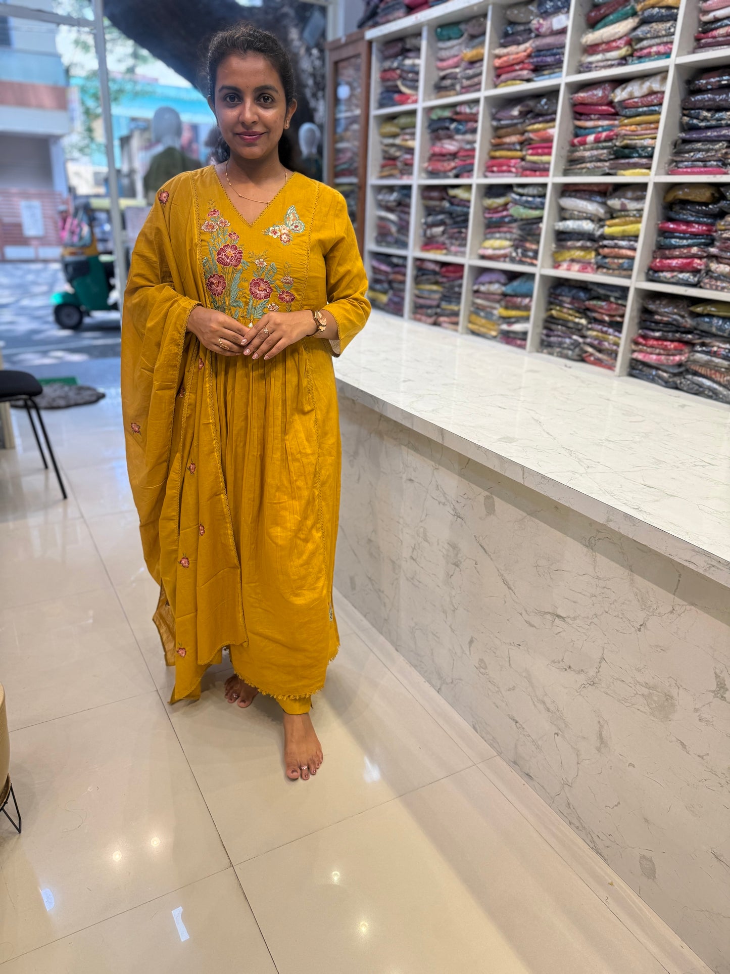 Mustard Mul Cotton Embroidered Kurti With Pant and Dupatta