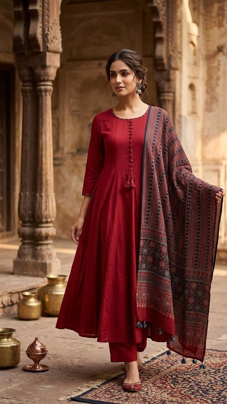 Premium Pure Rayon Ajark Printed Dupatta With Pant-HSC111