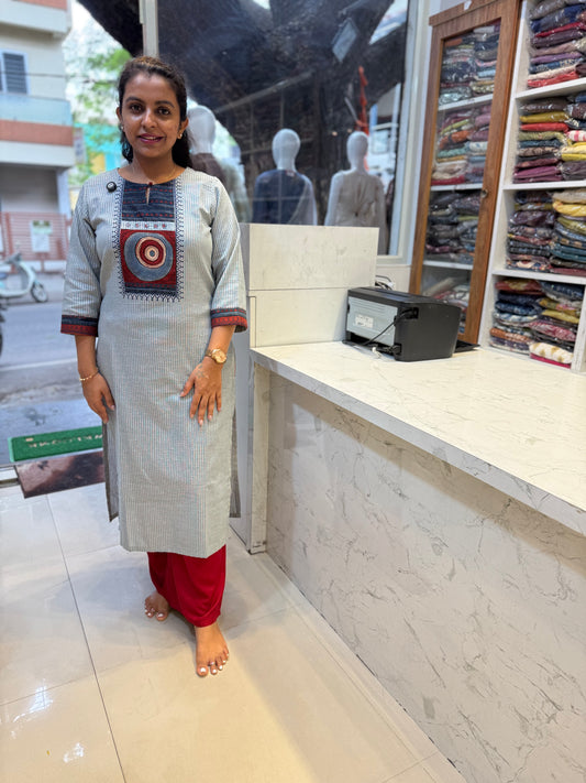 Powder Blue Pure Cotton Block Print Straight Kurti