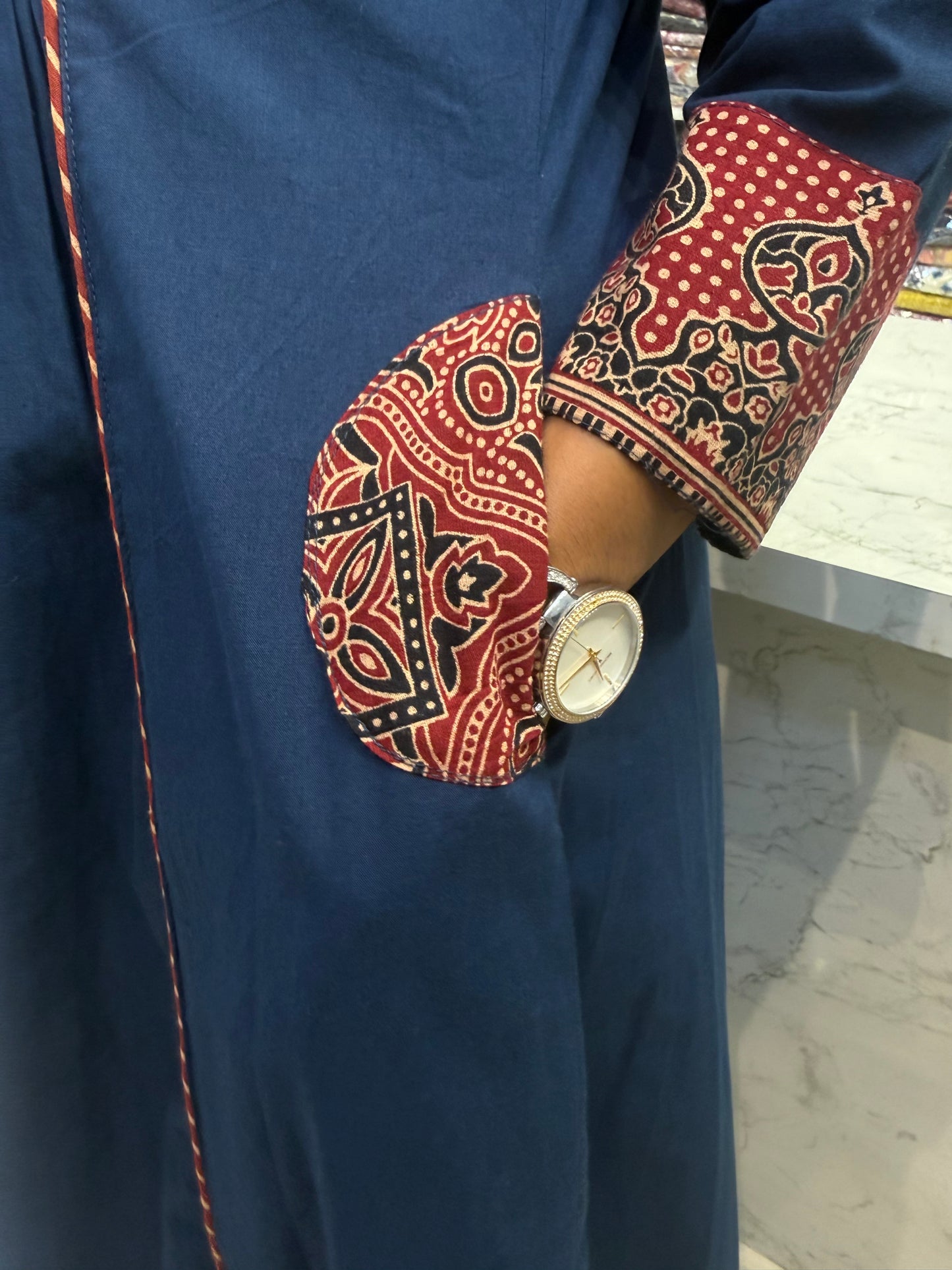 Navy Blue Pure Cotton Mirror Embroidery Kurti With Pant and Printed Brown Dupatta-HSC139