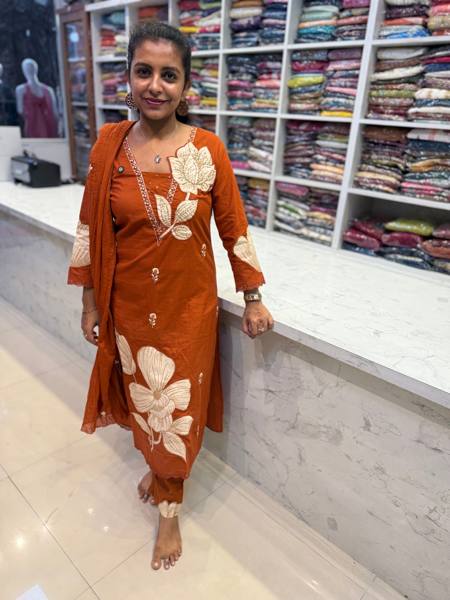 Appliqué Work Cotton Kurti With Pant and Dupatta