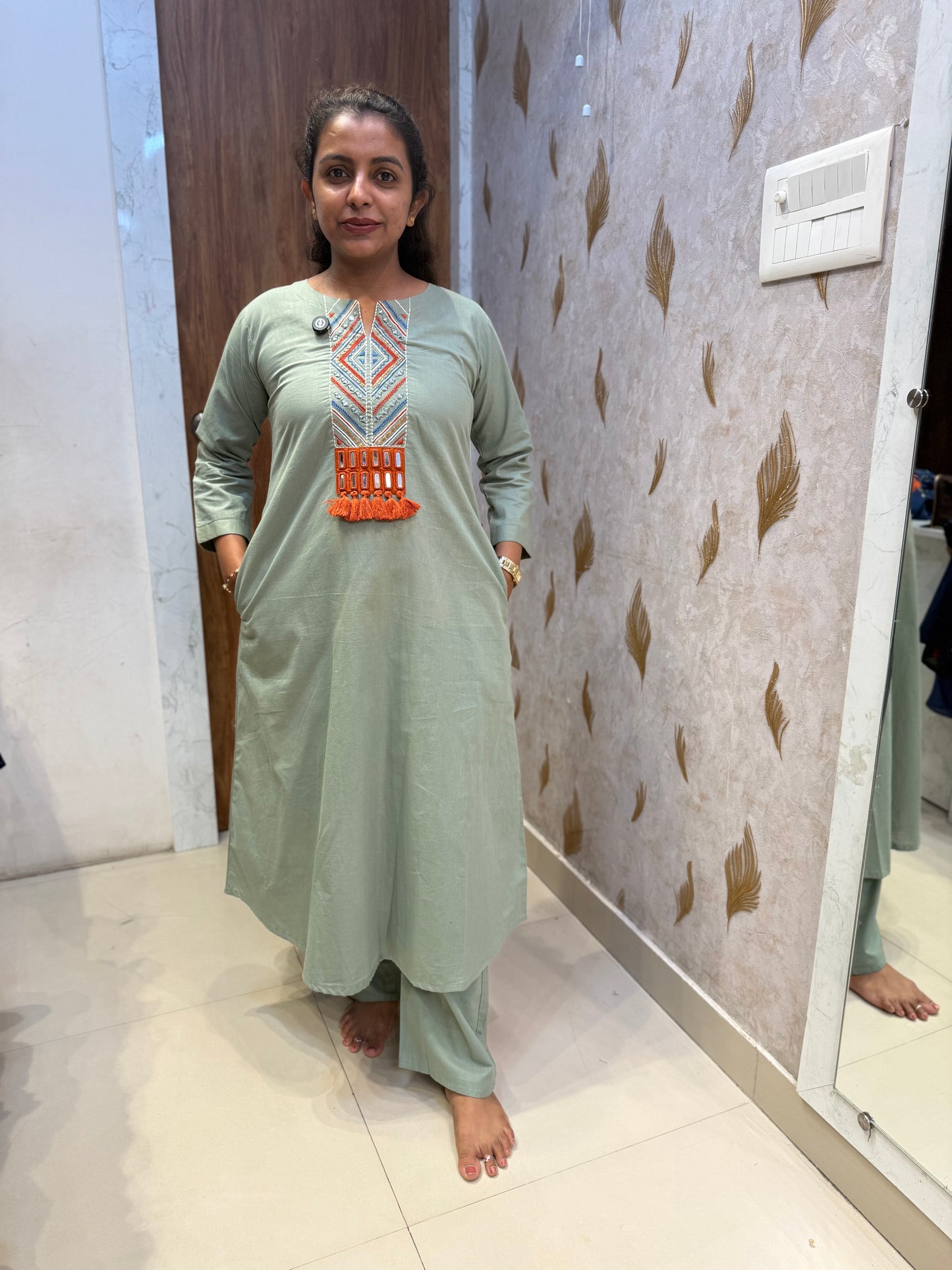 Pista Green A-line Pure Cotton Kurti With Pant - HSC1163