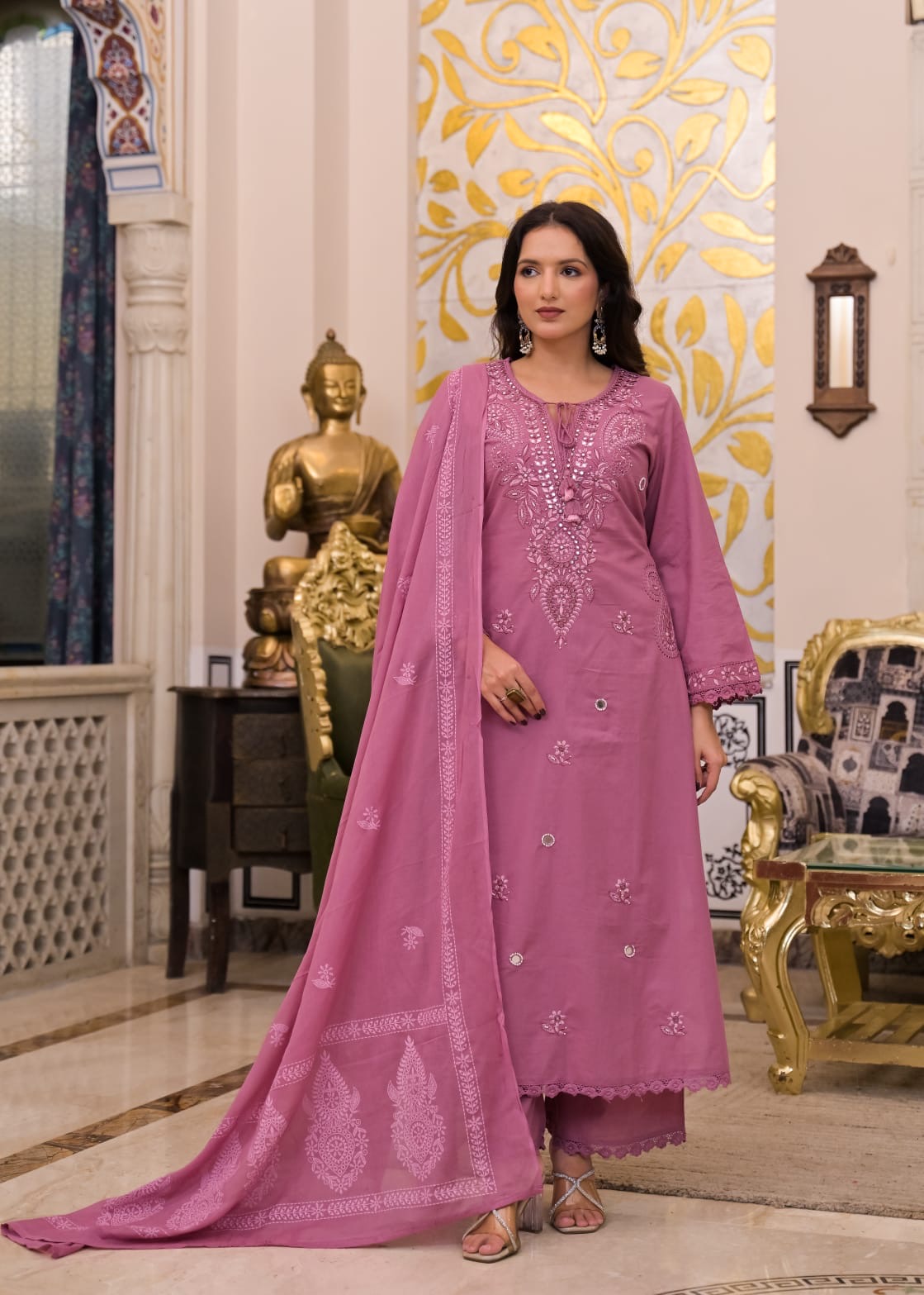 Thread Embroidery Two sides pockets Kurti With Pant and Dupatta - HSC1197