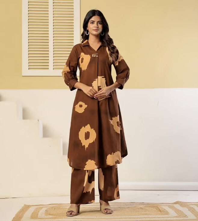 Brown Abstract Caramel Printed Cotton Co-ords set