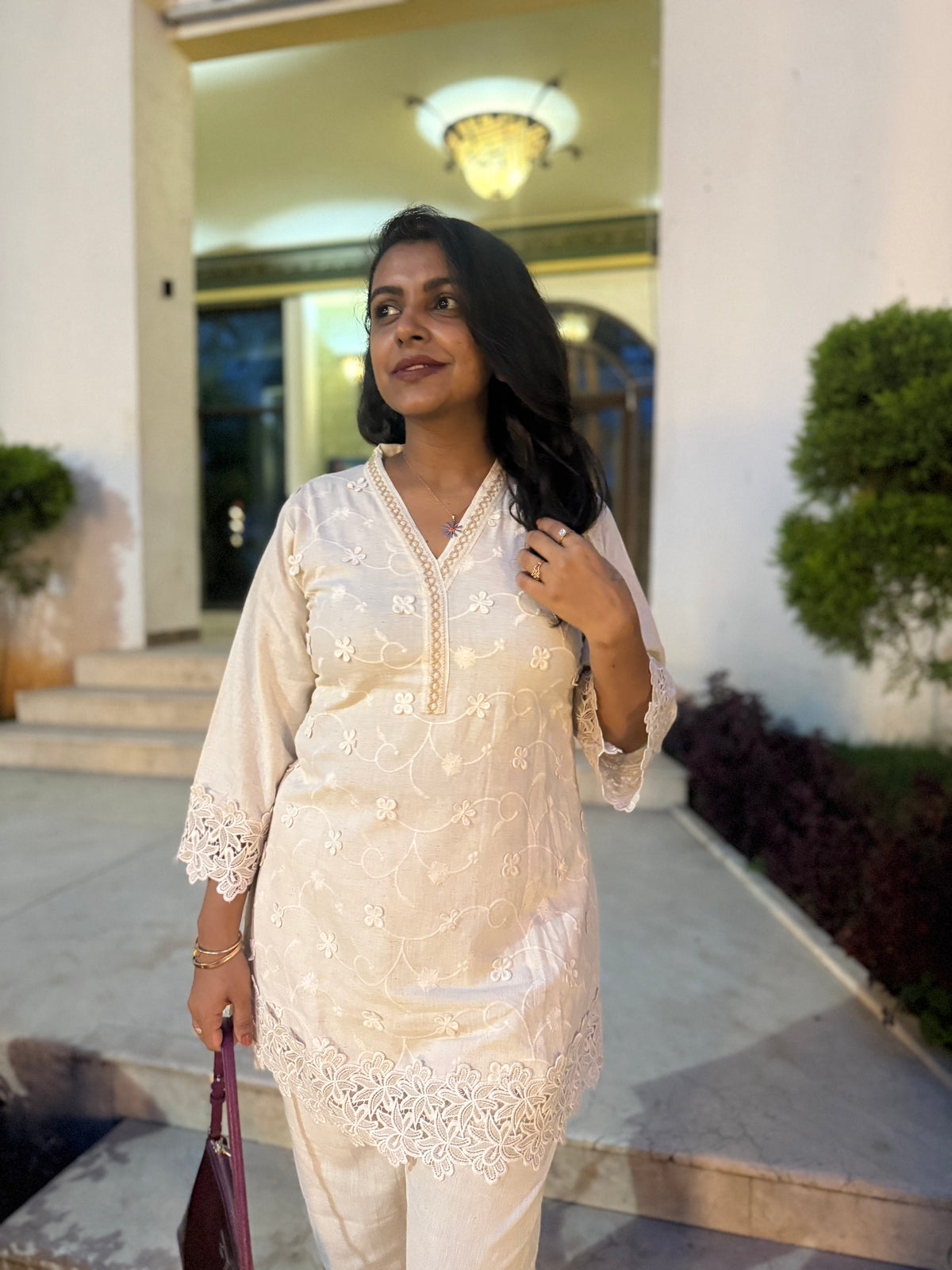 Cutwork Half White Pure Cotton Flex Co-ords Set - HSC1183