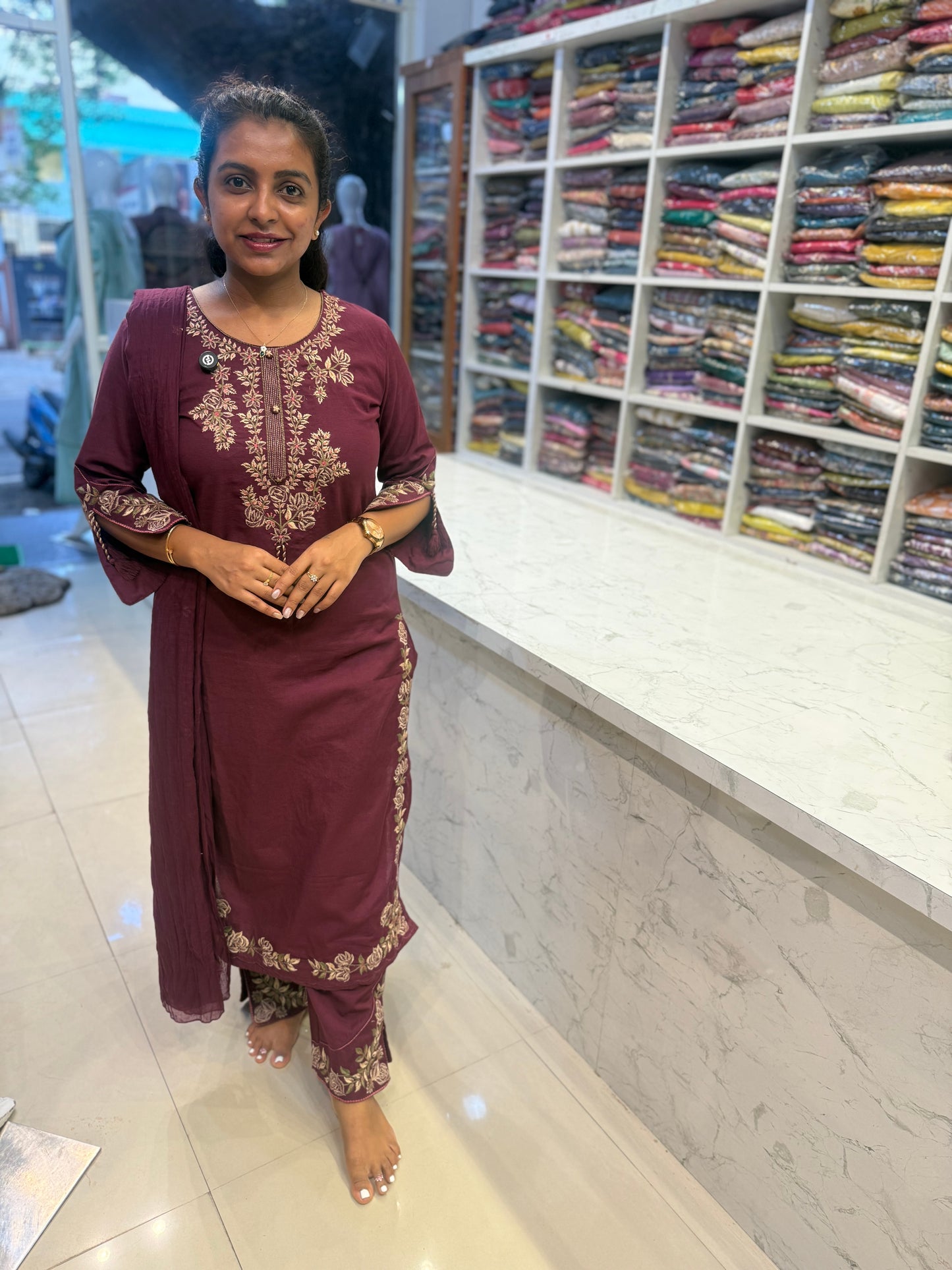 Dark Magenta Embroidery CutWork in Kurti With Pant and Dupatta-HSC155