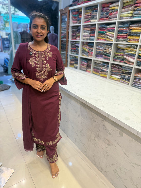 Dark Magenta Embroidery CutWork in Kurti With Pant and Dupatta-HSC155