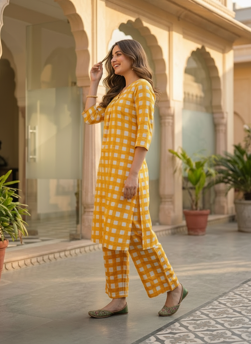 Geometric Check Print Cotton Kurti With Pant-HSC186