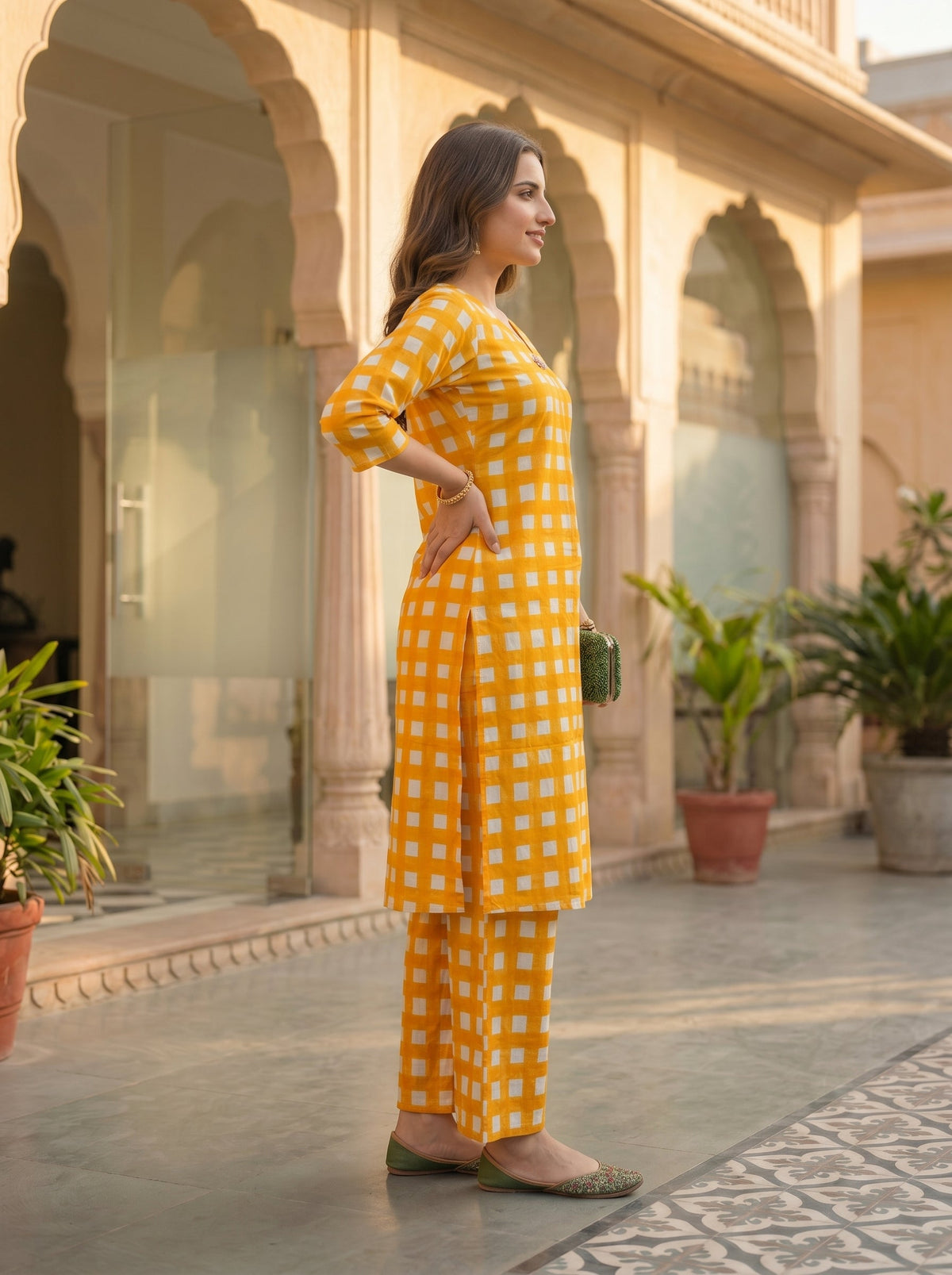 Geometric Check Print Cotton Kurti With Pant-HSC186