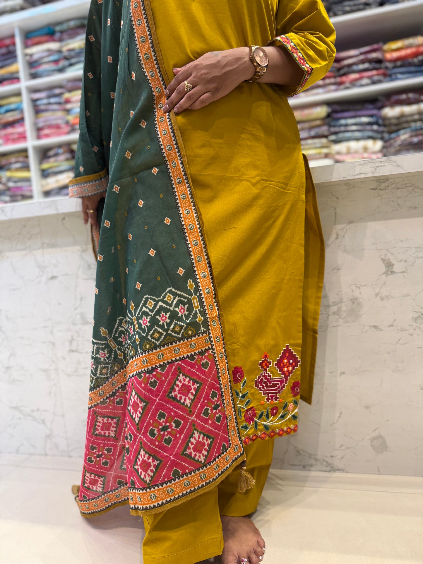 Mustard Pure Cotton Flex Ikat Contrast Green Dupatta-HSC116