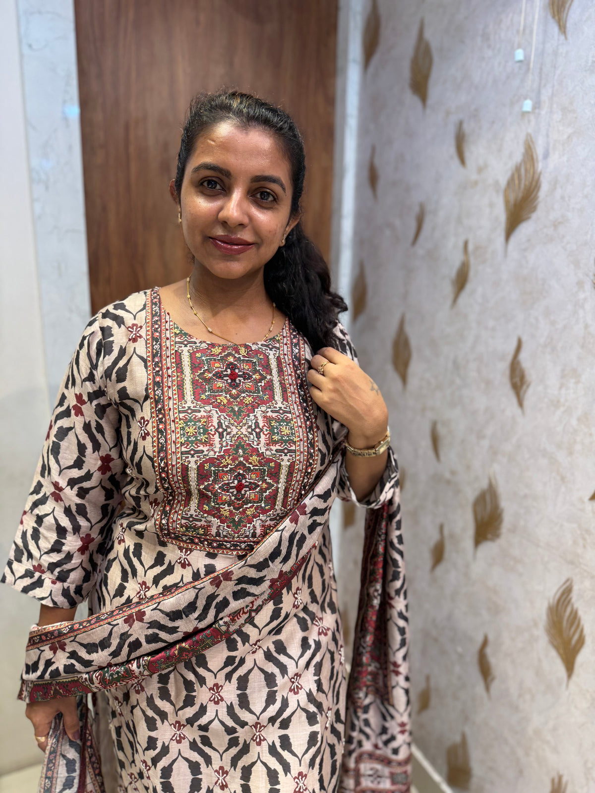 Printed Hand Embroidery Pure Linen Knot Work Kurti With Pant and Dupatta -HSC1220