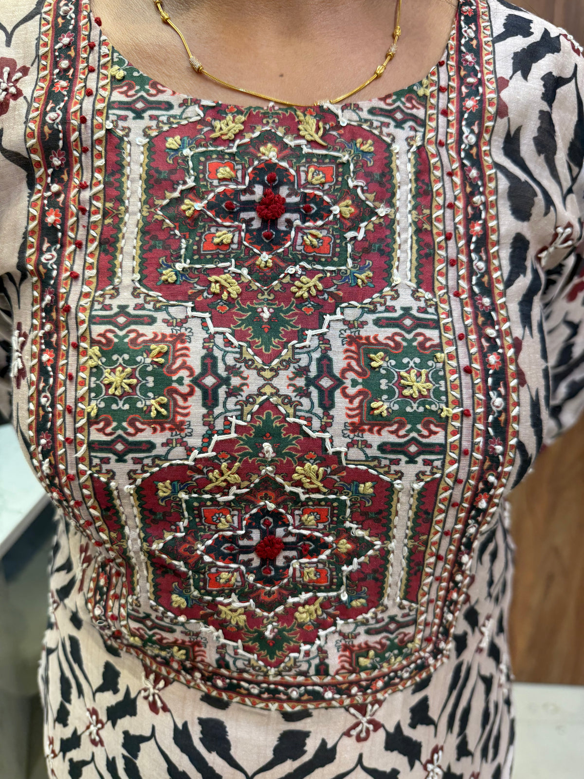 Printed Hand Embroidery Pure Linen Knot Work Kurti With Pant and Dupatta -HSC1220