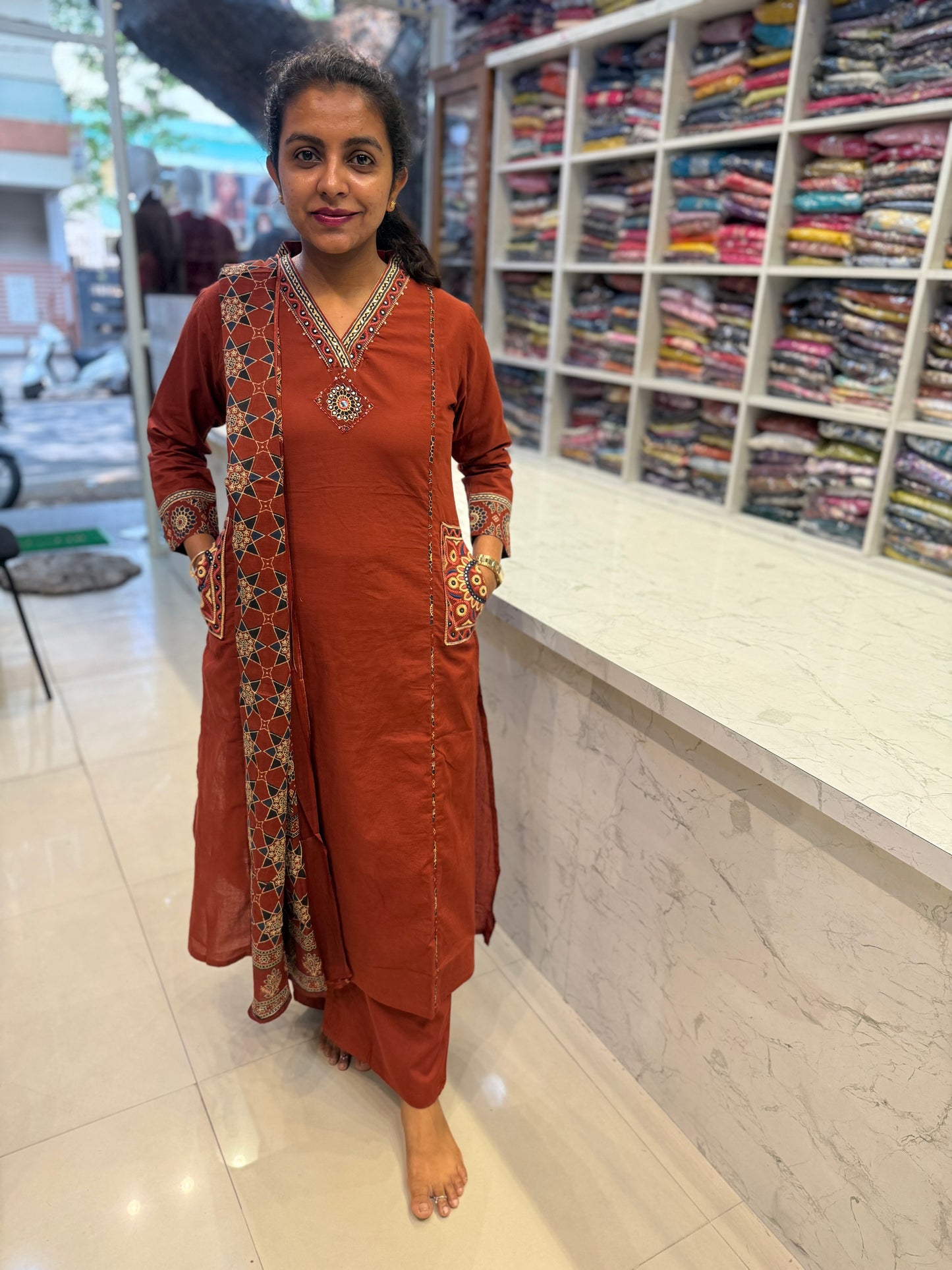 Two sides Pockets Brown Cotton Embroidered Kurti With Pant and Dupatta