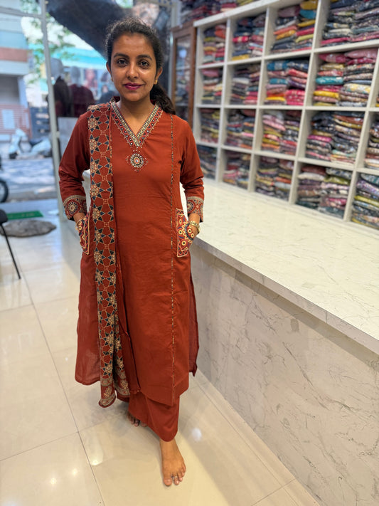 Two sides Pockets Brown Cotton Embroidered Kurti With Pant and Dupatta