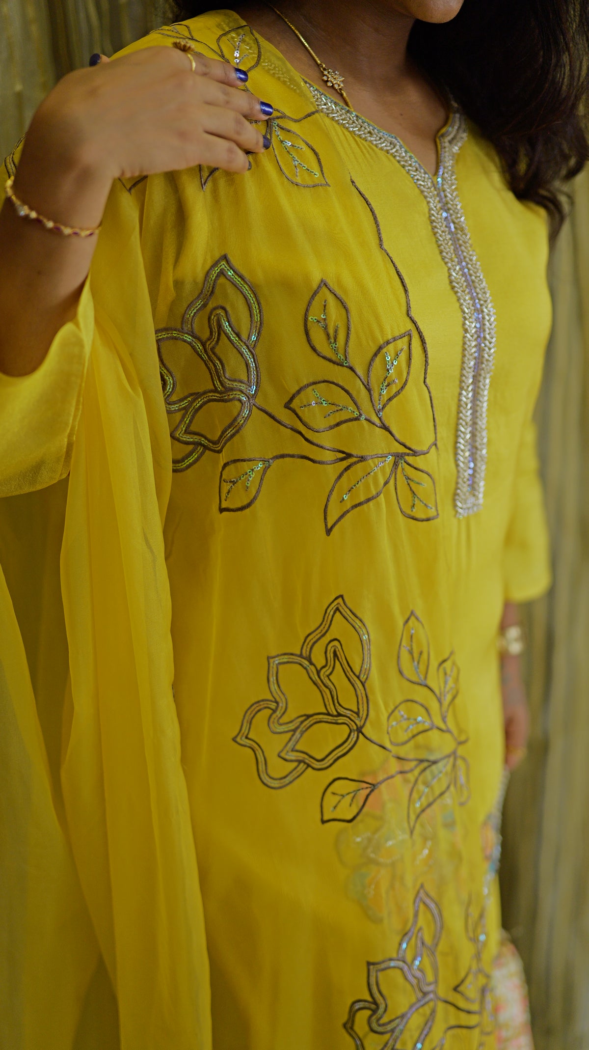 Yellow Pure Tissue Silk Kurti With Pant and Dupatta -HSC1238
