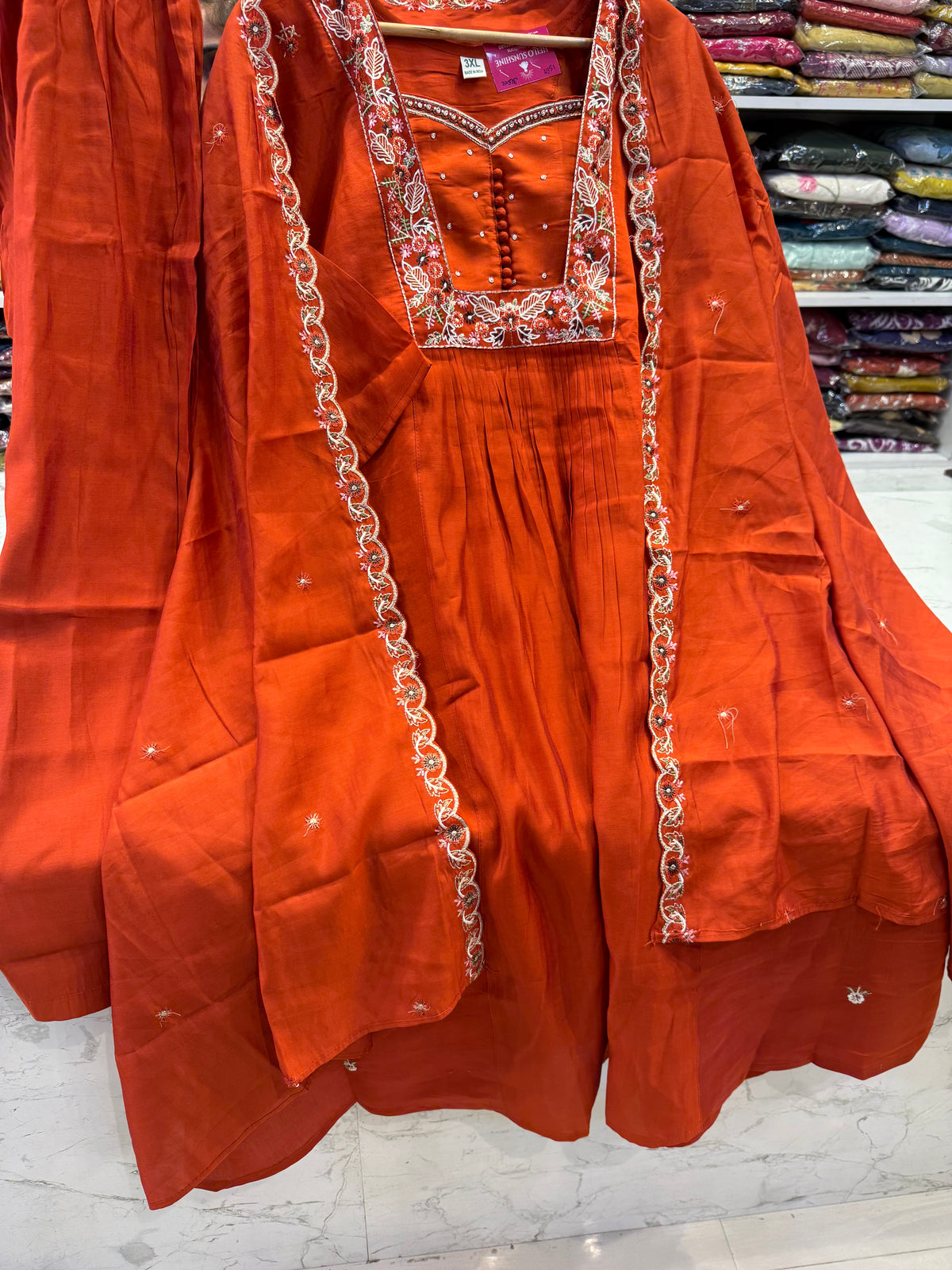 Rust Orange Embroidery Kurti With Pant and Scallop Dupatta -HSC1270