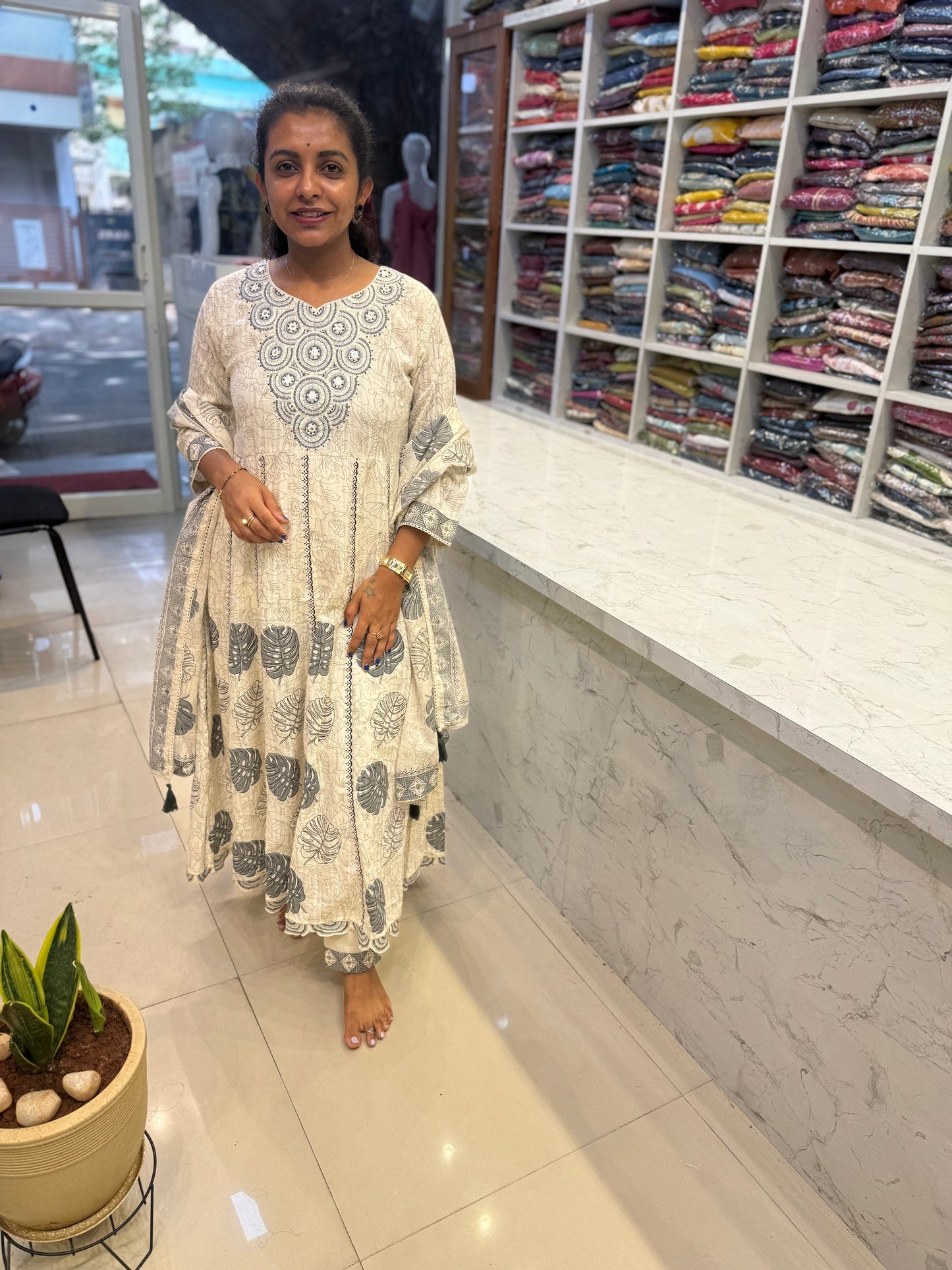 Pure Cotton Half White Hand Work Embroidery Kurti With Pant and Dupatta