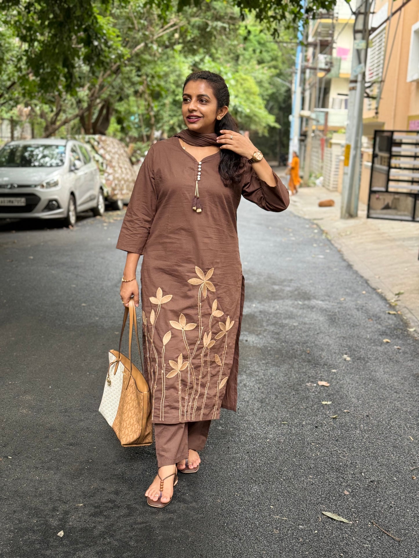 Brown Pure Cotton Embroidered Kurti With Pant and Dupatta -HSC1172