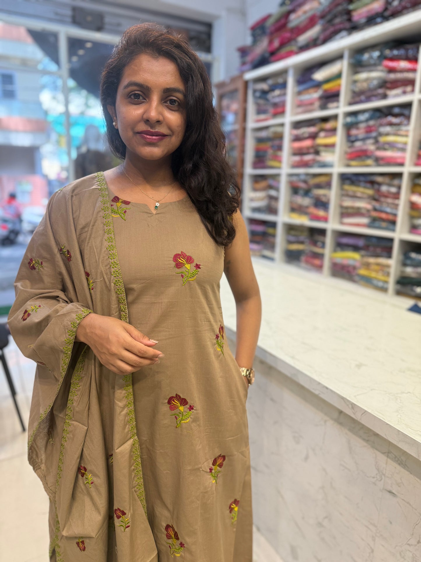 Khaki Pure Cotton Embroidered Kurti With Pant and Dupatta