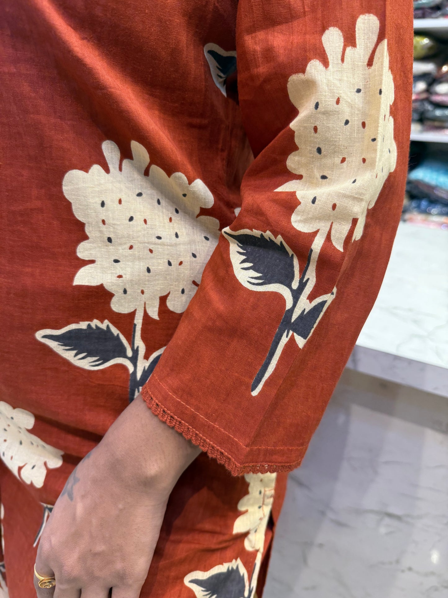 Rust Pure Cotton Kurti With Pant and Dupatta