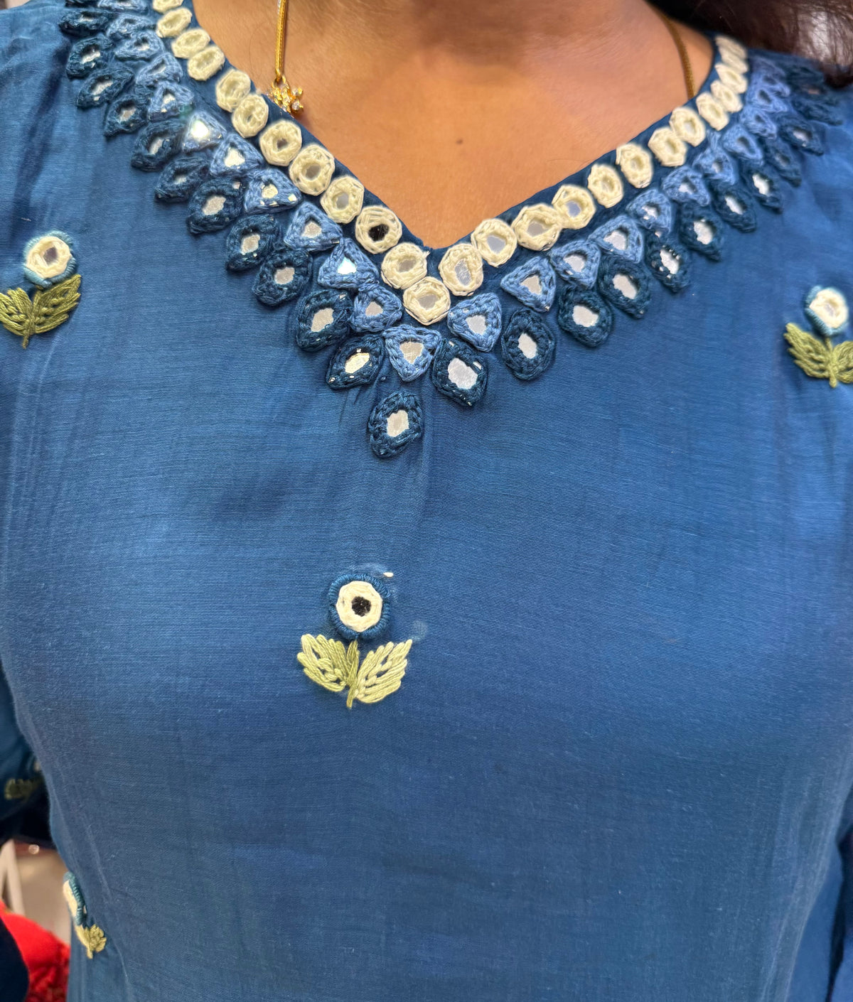 Ink Blue Pure Mul Chanderi Knotwork Embroidery Kurti With Pant and Dupatta -HSC1213