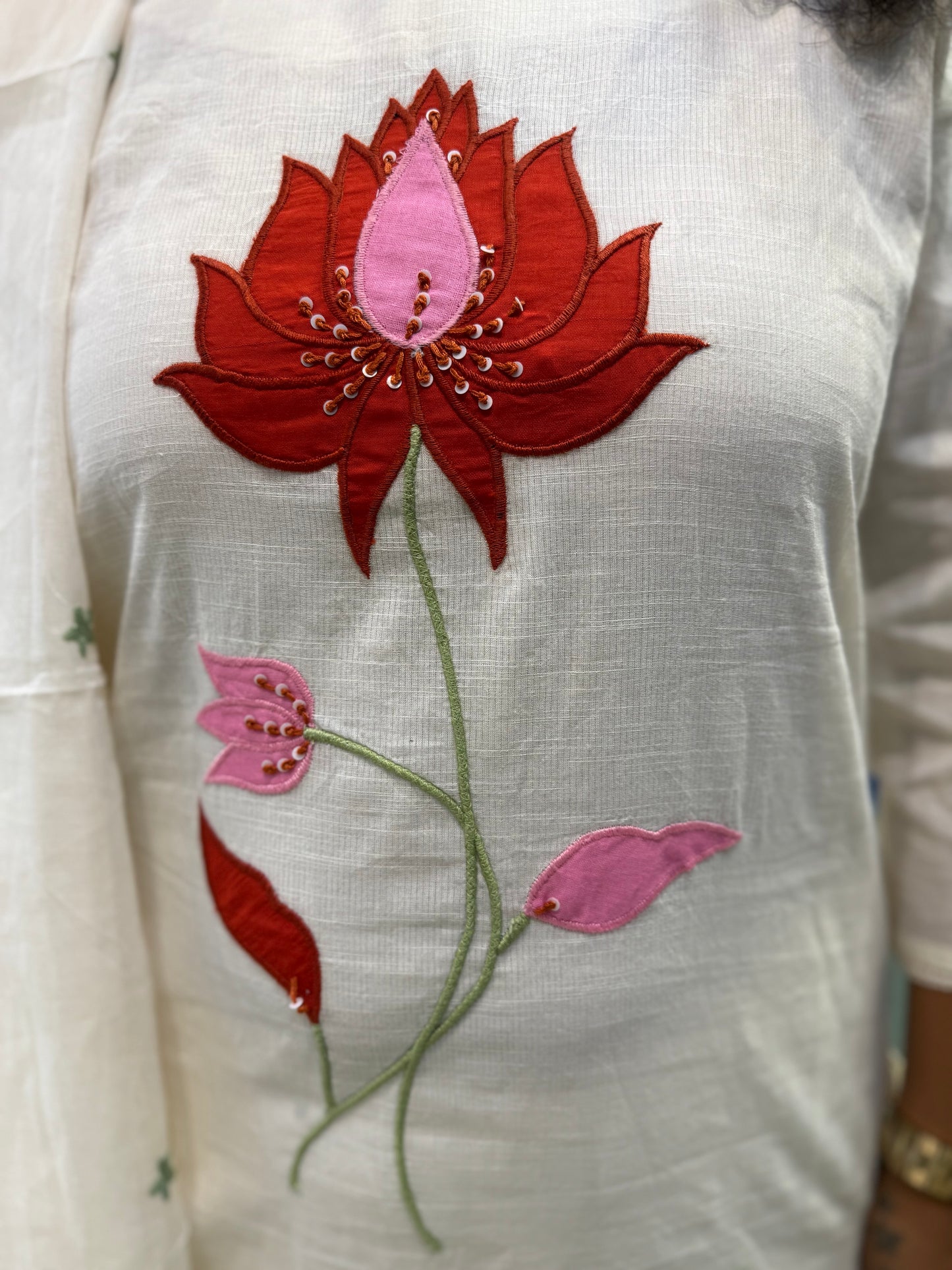 Lotus Half White Pure Cotton Hand Embroidery Kurti With Pant and Dupatta - HSC1159