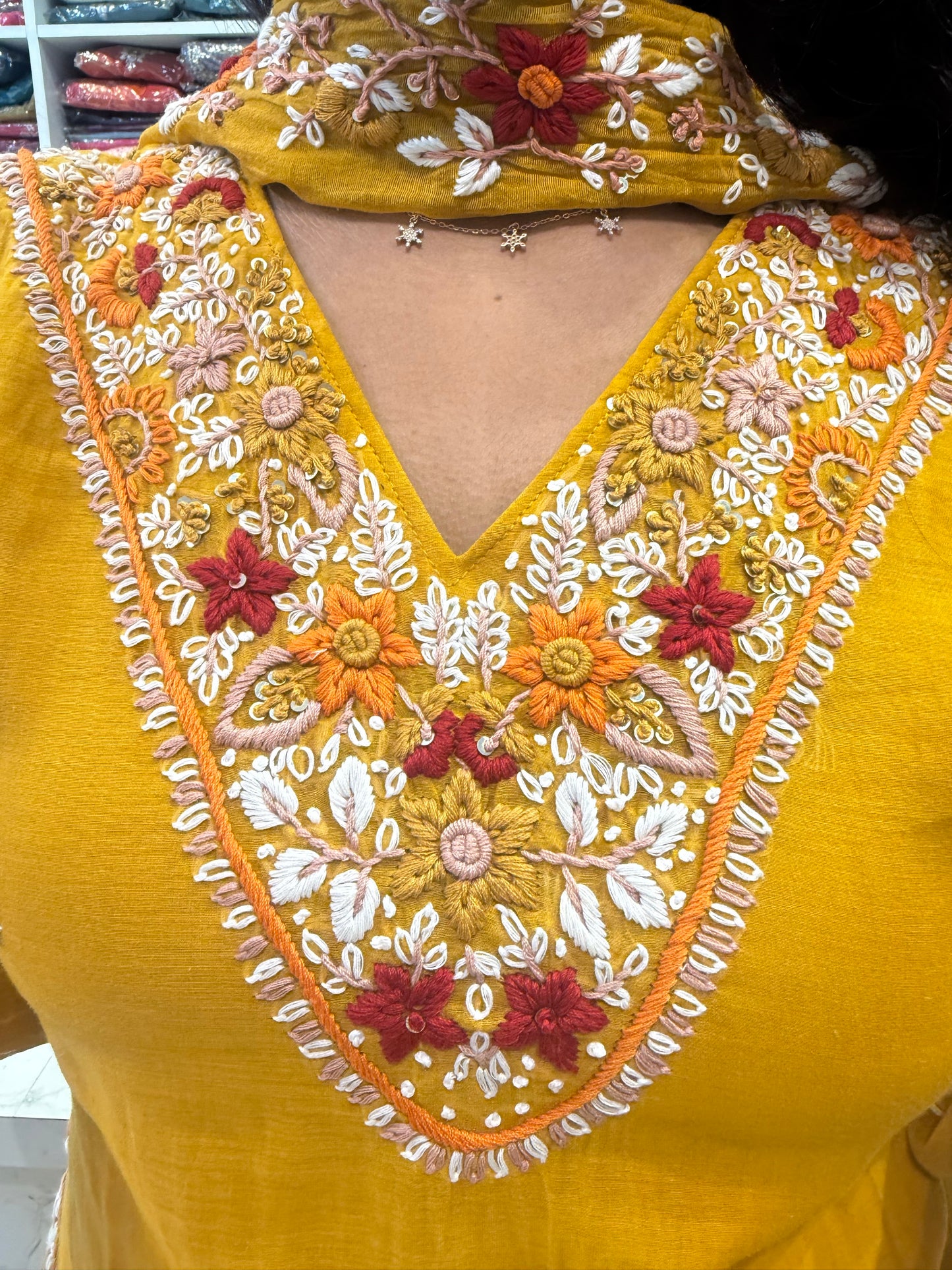 Two sides pocket thread Embroidery Kurti with pant and Dupatta
