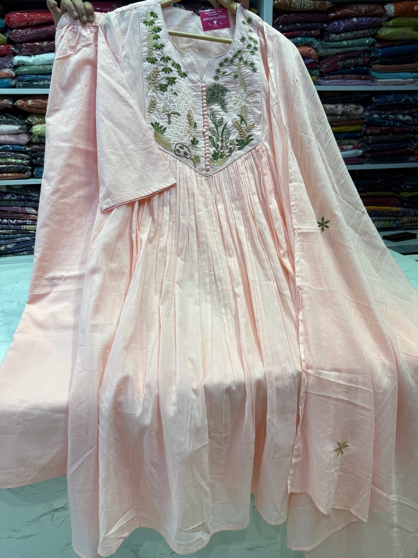 Designer wear Baby Pink Mul Cotton Hand Embroidery A-line Kurti With Pant and Dupatta-HSC94